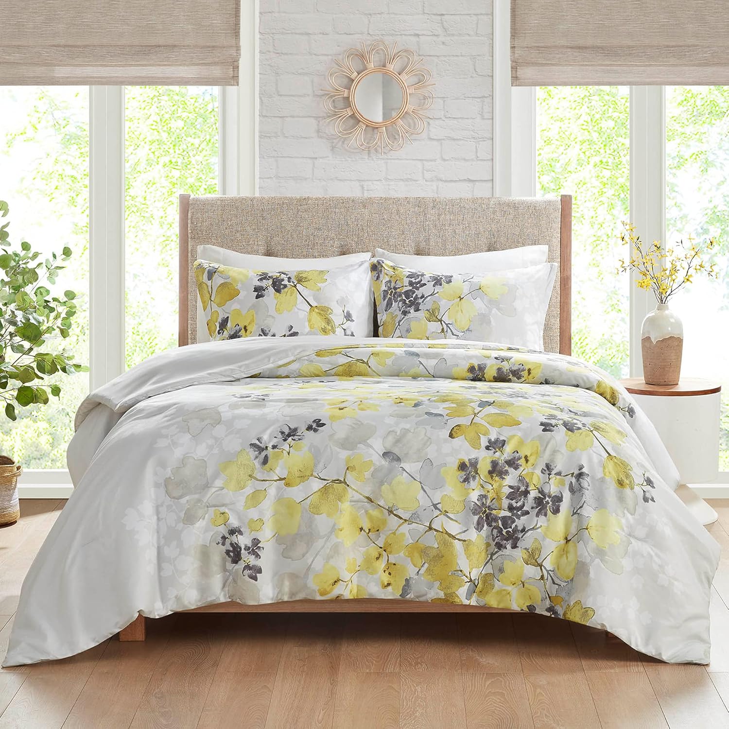 Hyde Lane Yellow and Grey Comforter Set King/Cal King Size Contemporary Floral Bedding Sets