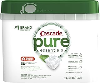 Cascade Pure Essentials Dishwasher Pods, Actionpacs Detergent, Orange Blossom, 58 Count