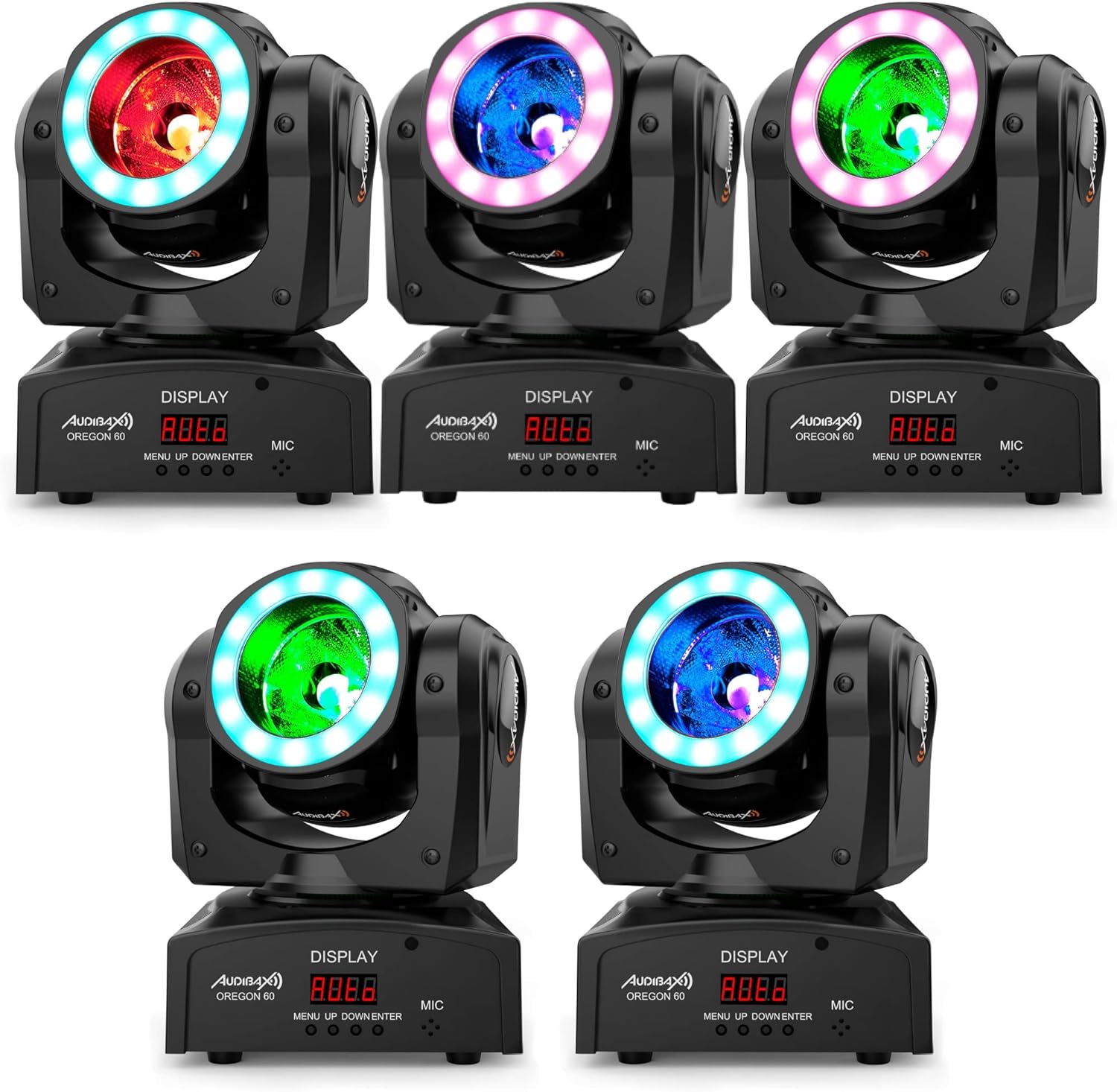 Multiple Audibax Oregon 60 units displaying various colors
