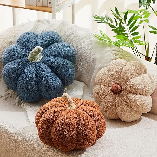 Juexica 3 almohadas de calabaza de peluche esponjosas en 3D con forma de calabaza decoración de otoño, Acción de Gracias, Halloween, cojín de