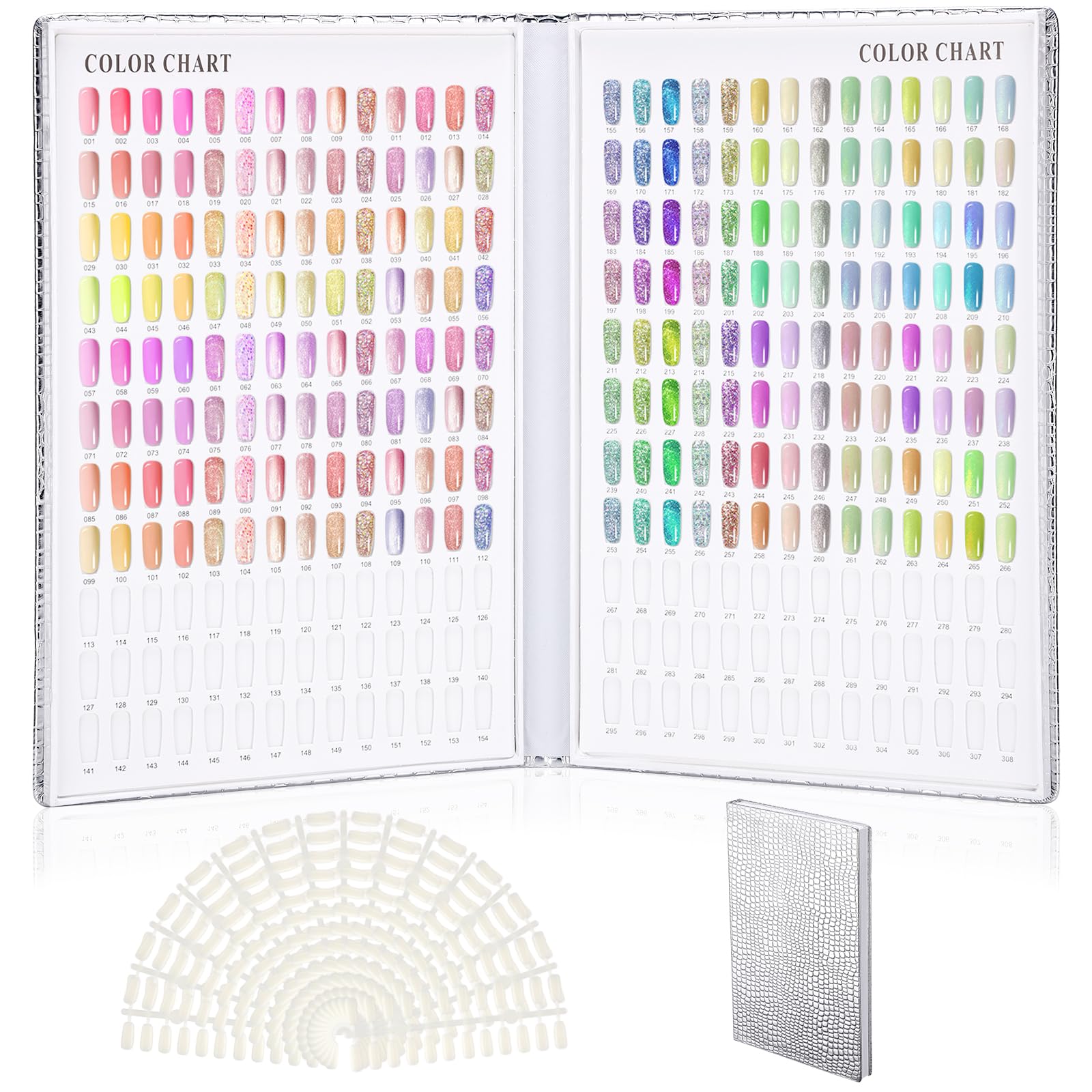 Segbeauty Nuancier Ongles Livre, 308 Couleurs Nail Affichage Graphique Couleur, avec 360 Faux Ongles, pour Présentation de Nail Art, Salons de Manucure (Argent)