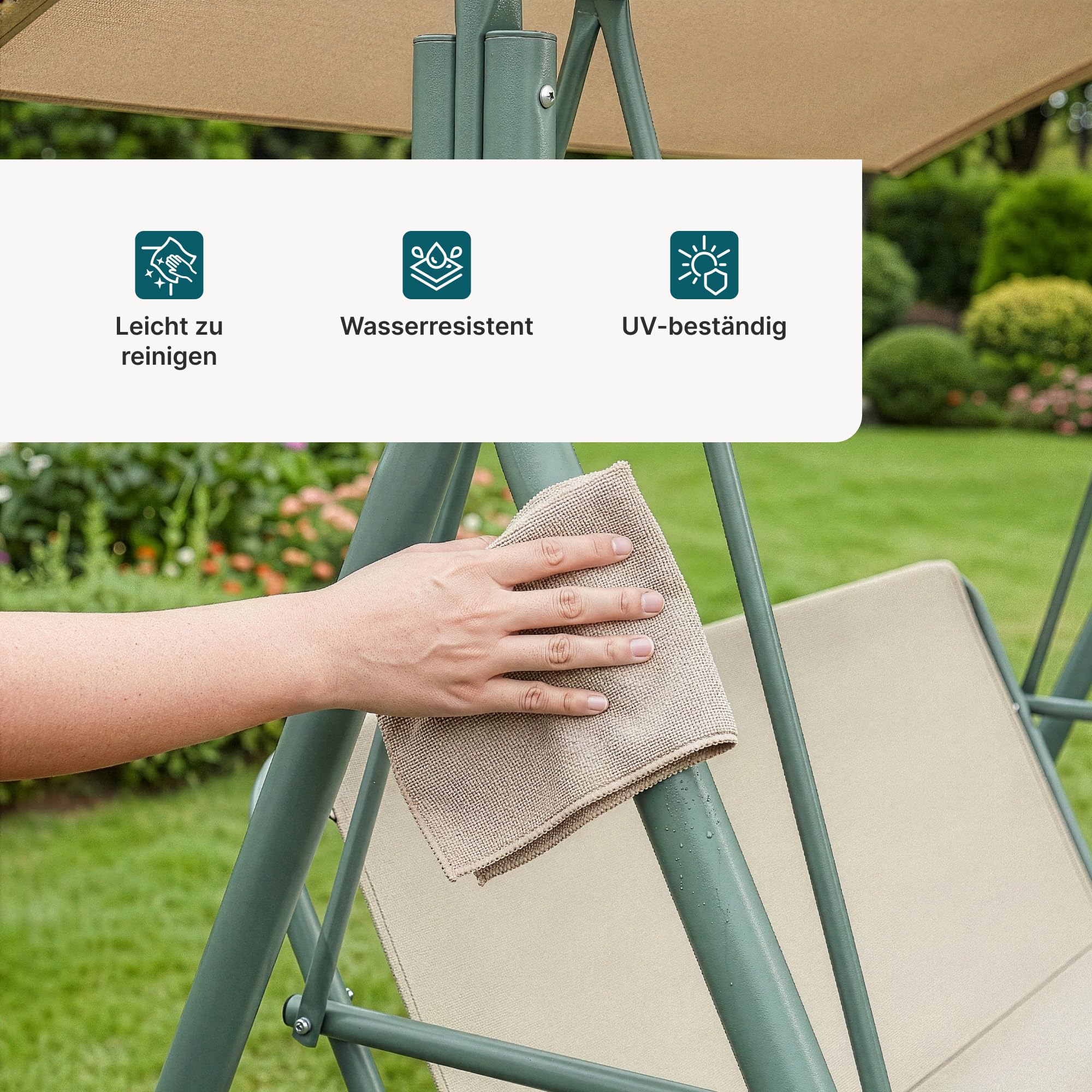 [en.casa] Hollywoodschaukel 3 Sitzer Satten Gartenschaukel Outdoor mit Gestell max. 220 kg mit Dach wetterfest Schaukelbank Balkon 173 x 119 x 153 cm Hellgrün/Beige