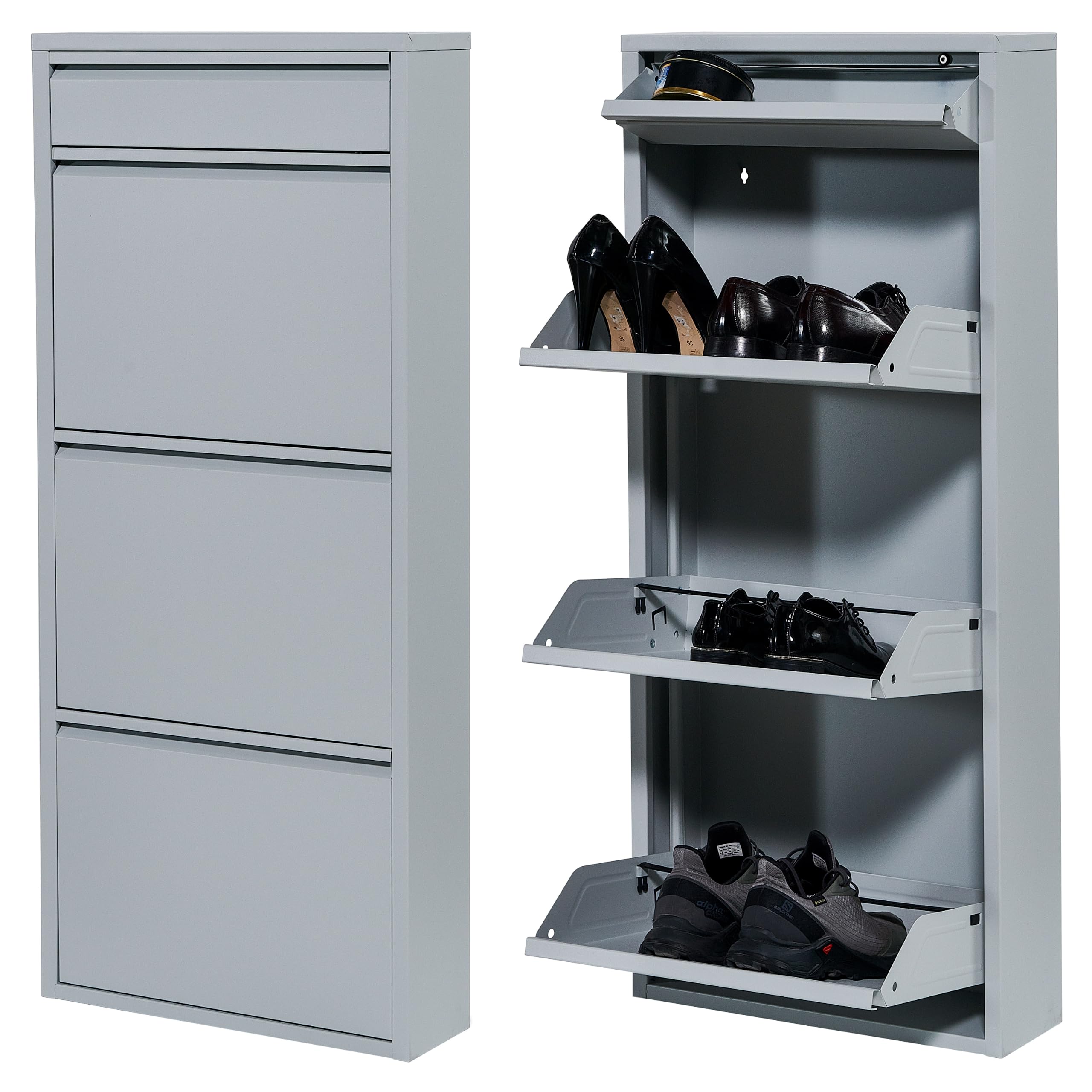 Atahome Slim Shoe Cabinet Narrow Shoe Storage Cabinet for hallway wall mounted thin flip down Tall Metal Shoe Rack Storage Organiser Shoe cupboard Indoor Gordion 3 Drawers & Accessory Drawer (Grey)
