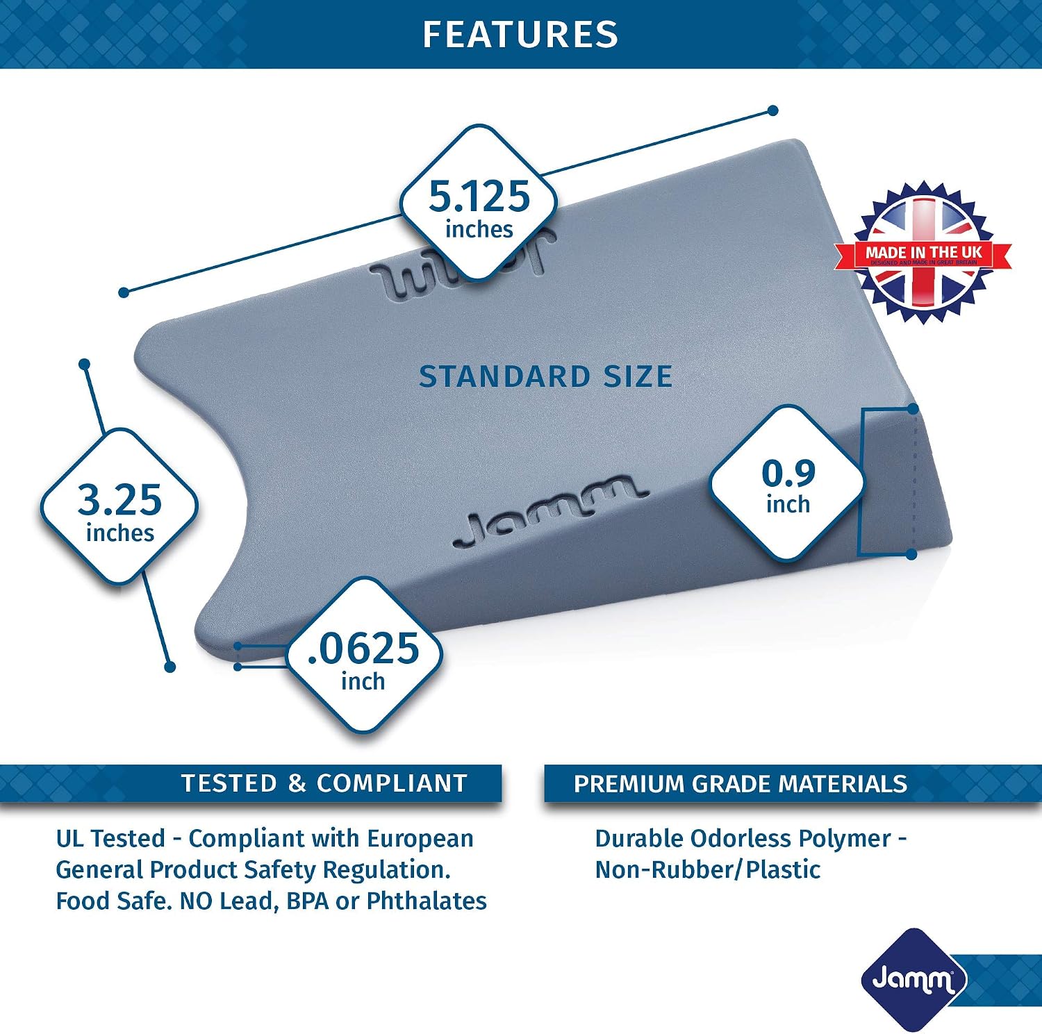 Jamm Door Stopper | Door Stop Wedge Holds Doors Open in Both Directions | Premium Non Rubber Non Slip Hardware | Standard Size | Dusky Blue - 2 Pack