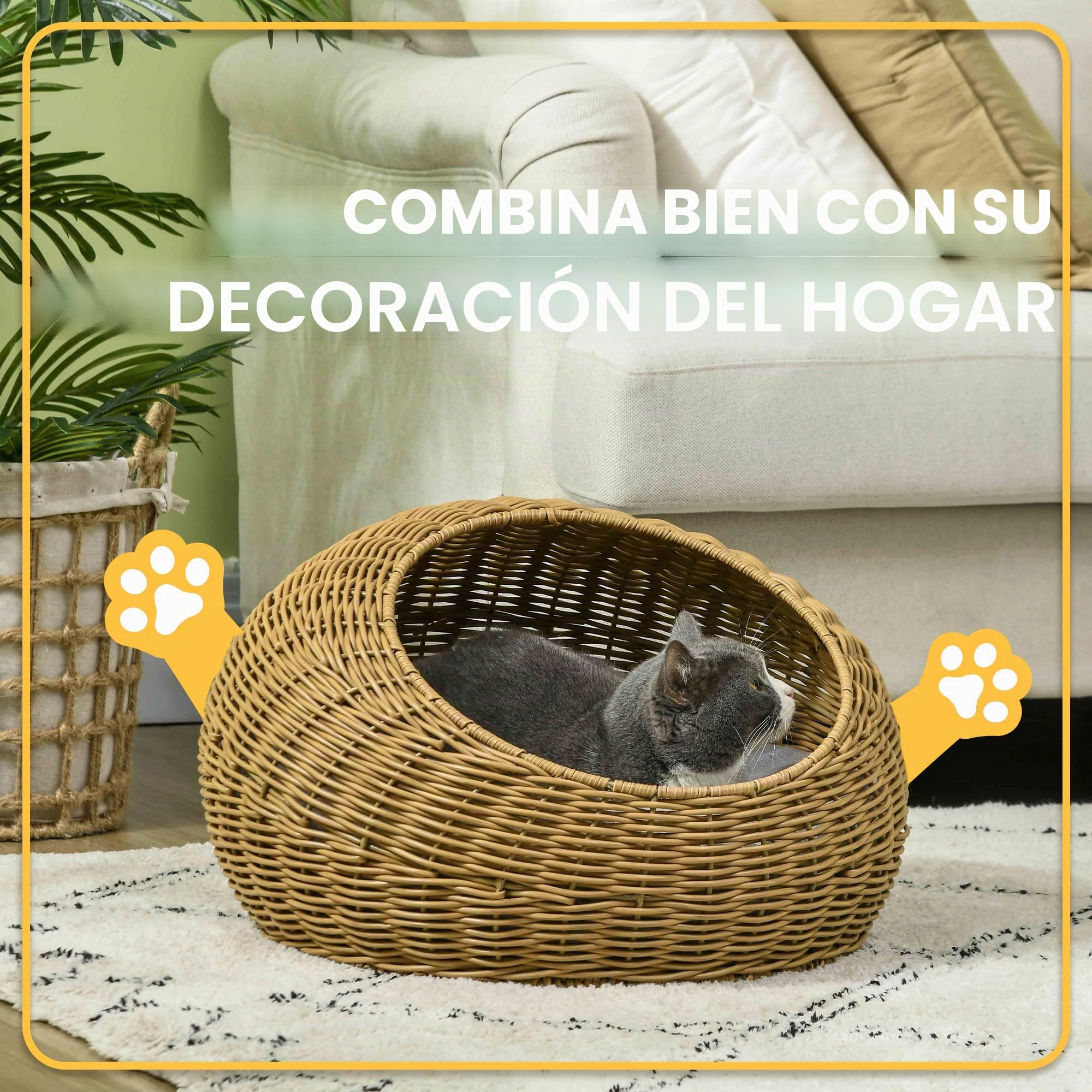 PawHut Cesta ratán gato, cueva gato hasta 4 kg Ø50x31 cm Marrón claro | Casa para gato, cabaña para gato, con cojín, cama para mascotas, interior.