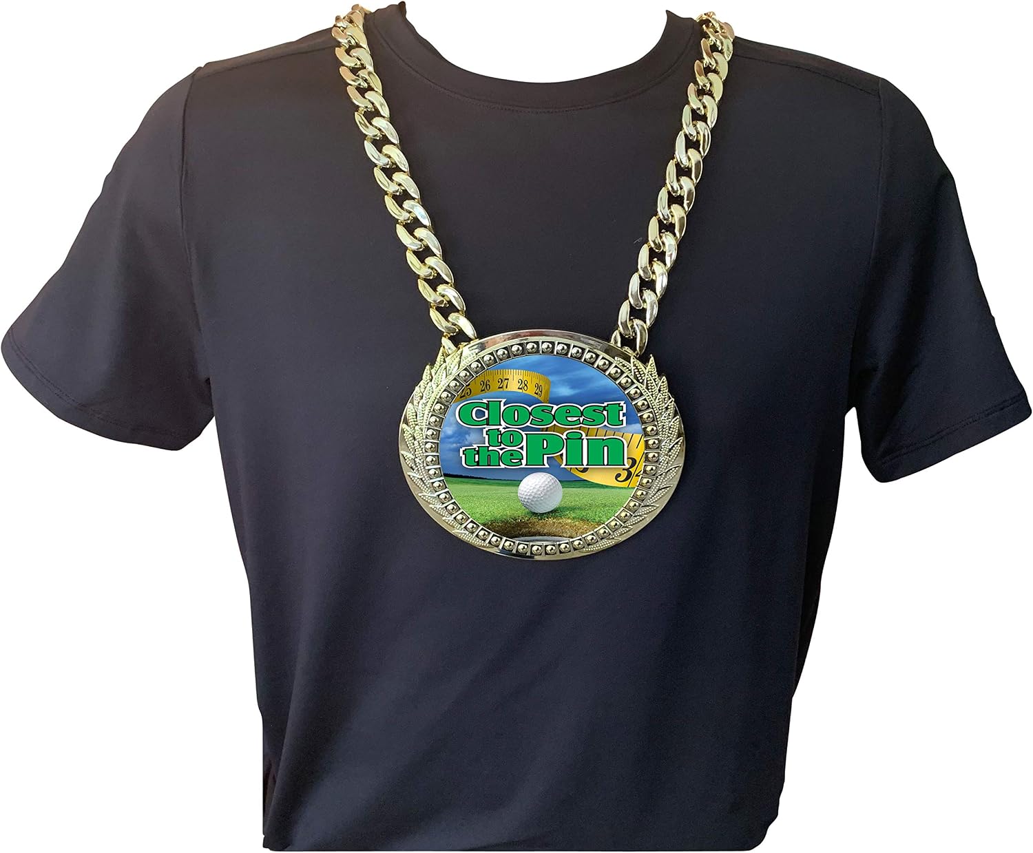 Express Medals Golf Closest to The Pin Champ Chain Trophy Award with a Center Plaque Plate Measuring 6 by 5.25 Inches and Includes a 34 Inch Chain with Black Velvet Presentation Bag.