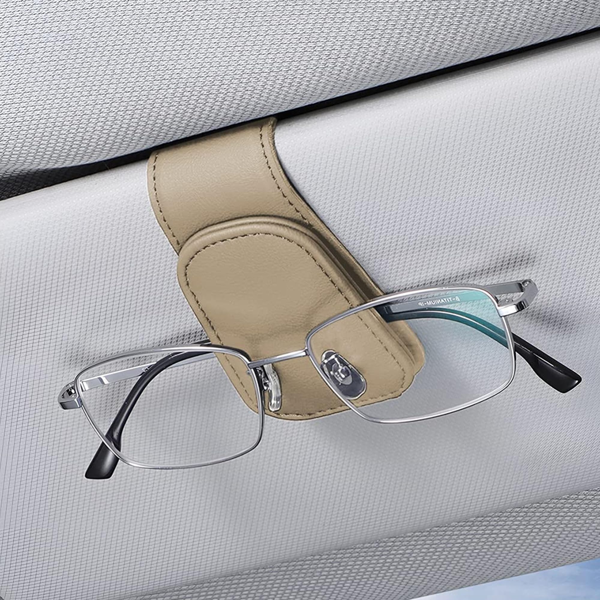 Magnetic Sunglasses Holder For Car Visor - 2 Pack Leather Clip With Hidden Magnetic Closure (Beige) - View #9