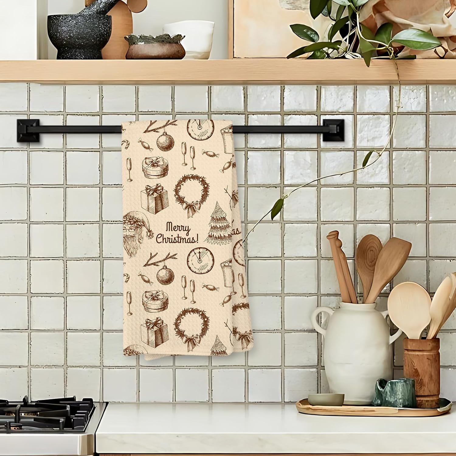 Giosve Vintage Merry Christmas Bar Kitchen Towels, Christmas Decorative Hand Towels, Neutral Winter Xmas Snowman Tree Wreath Dish Tea Towel for Kitchen Bar Cart Decor, 16x24 Inch - Image 2