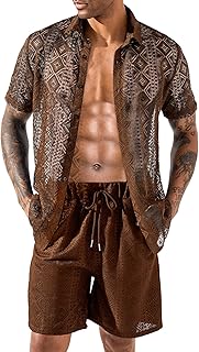 LecGee Men Summer Casual Short Sets Lace Short Sleeve Button Down Shirt Elastic Waist