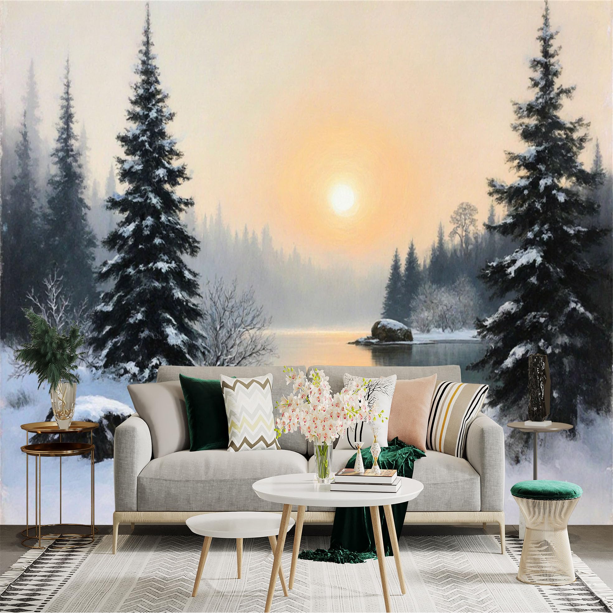 Custom Size Wall Sticker Mural， Snowy Forest Landscape， Golden Winter Sunset， Serene Lake View， Pine Trees in Snow， for wall Decoration， peelandstick wall Decals.