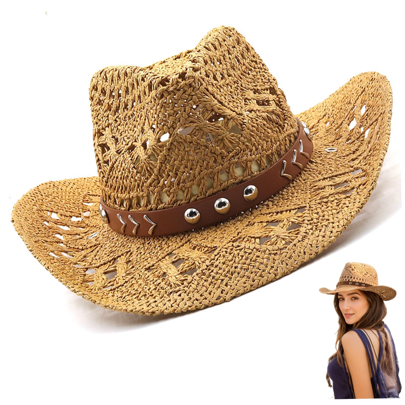 Sombrero de Vaquero para Mujer ala Ancha Bloque UV Caqui | Paja suave y transpirable, se adapta a hombres y mujeres, ideal para viajes de senderismo al aire libre