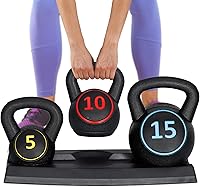 F2C 3-Piece Kettlebell Set with Storage Rack: 5lb, 10lb, 15lb HDPE Coated Concrete Weights for Home Gym Core Training