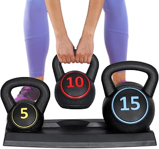 F2C 3-Piece Kettlebell Set with Storage Rack - 5lb 10lb 15lb HDPE Coated for Home Gym Workouts
