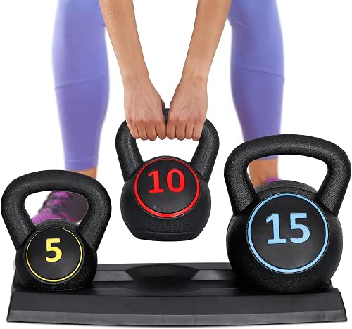 F2C 3-Piece Kettlebell Set with Storage Rack 5lb, 10lb, 15lb