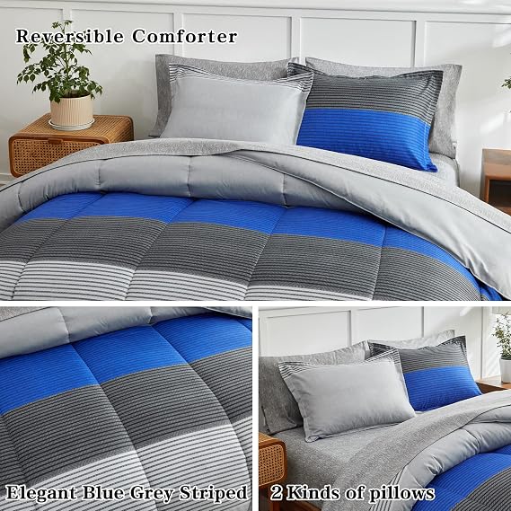Flysheep Ombre Boho Striped Bed in a Bag 6 Pieces Twin Size, Blue and Grey Stripes Comforter Sheet Set (1 Comforter, 1 Flat Sheet, 1 Fitted Sheet, 2 Pillow Shams, 1 Pillowcase)