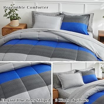 Flysheep Ombre Boho Striped Bed in a Bag 6 Pieces Twin Size, Blue and Grey Stripes Comforter Sheet Set (1 Comforter, 1 Flat Sheet, 1 Fitted Sheet, 2 Pillow Shams, 1 Pillowcase)
