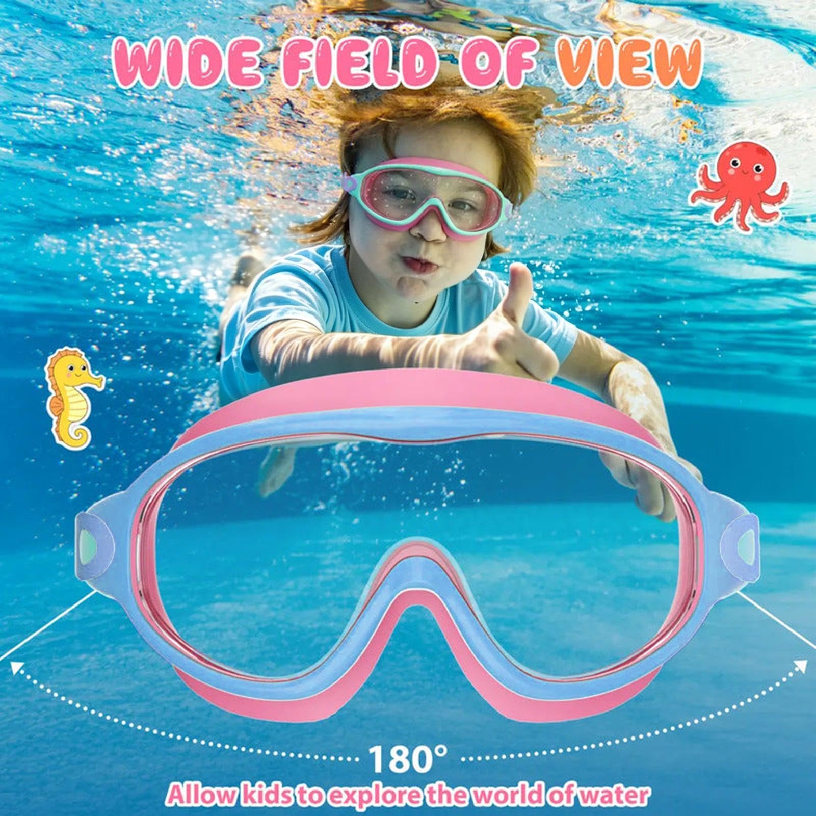 Dziecięce okulary do pływania 180° szeroka widoczność regulowana ochrona przed wyciekiem | Młodzieżowe okulary do pływania dla dziewcząt w wieku 3-15 lat basen rodzinne wakacje podwodne siłownia