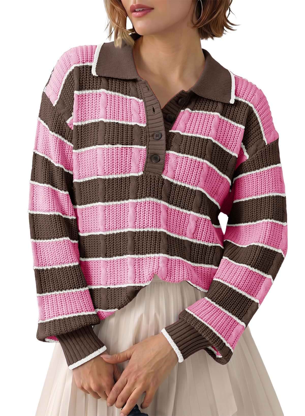 Dokotoo Sweaters for Women Button Polo Lapel Collar Cable Knit Sweater Tops Long Sleeve, Cozy Pullover Women’s Sweaters, Fall Winter Fashion Clothing, Old Money Clothes, Dressy Business Casual Outfits