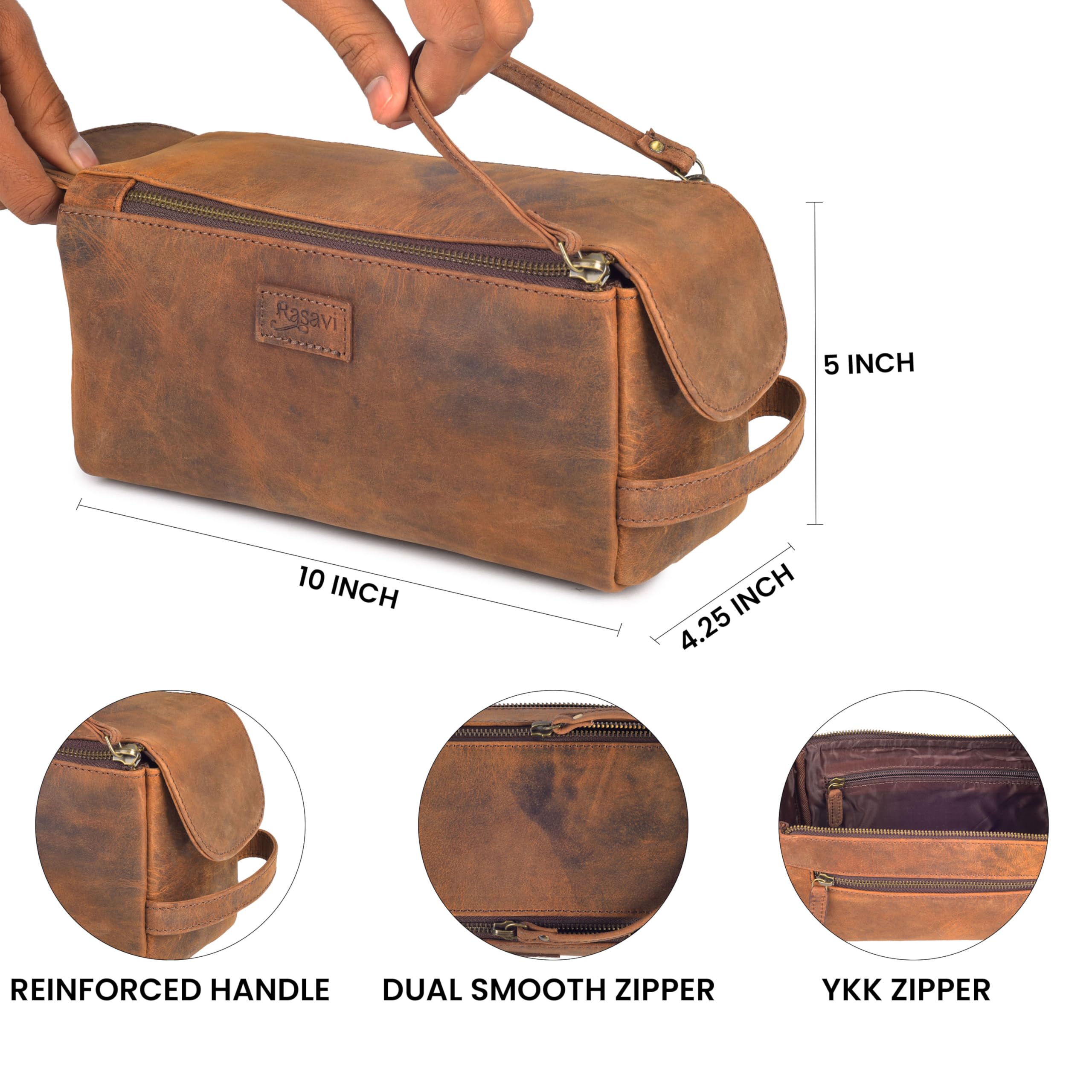 Rasavi Reise-Kulturbeutel aus echtem Leder für Damen und Herren, handgefertigt, Vintage-Stil, wasserabweisend, für Rasur und Badezimmer, Used-Look, Braun