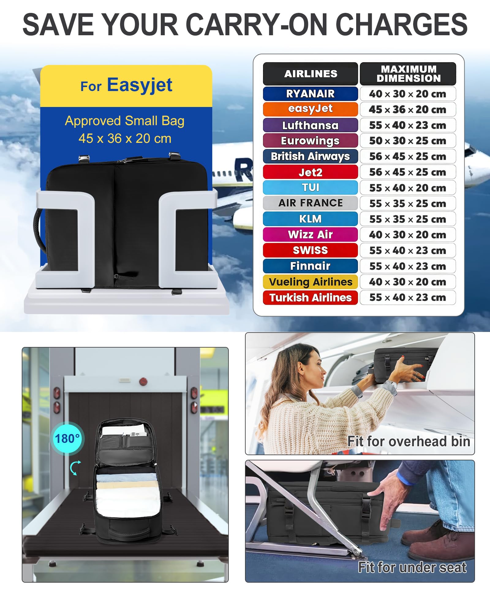 SZLX Zaino Ryanair 40x30x20 Sottovuoto Zaino da Viaggio 40x30x20 Wizzair | Bagaglio a Mano 40x30x20 Donna Uomo Borse da Cabina per Ryanair Easyjet Adatto a PC da 14 Pollici con USB e scomparto scarpe