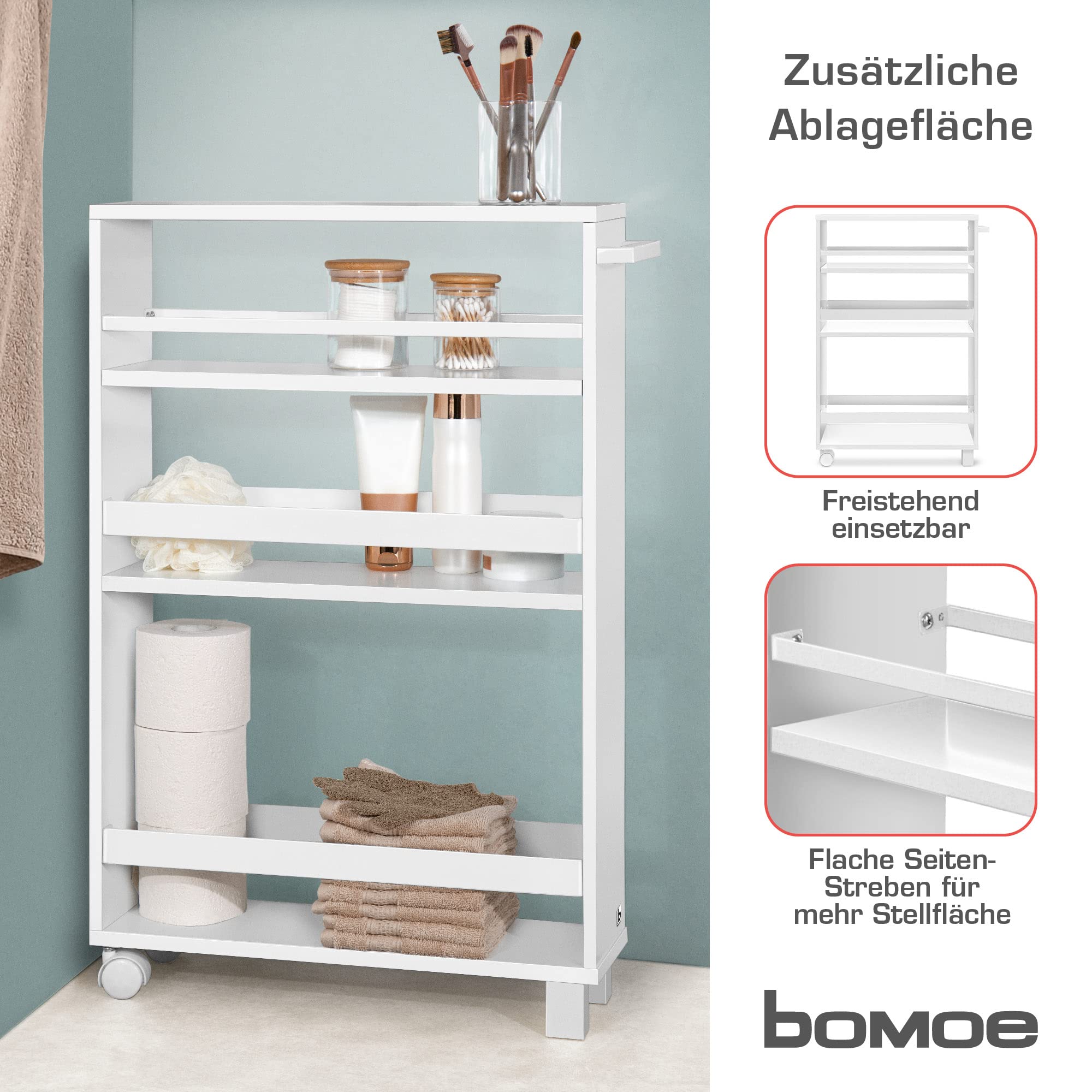 bomoe Nischenregal 15cm breit – Küchenwagen Küchenregal Schmal – Rollwagen Schmal 3 Fächer & Arbeitsplatte – Nischenschrank Küche Bad Büro – Bathroom Cart Nischenwagen Weiß 79x50 cm – Hylla