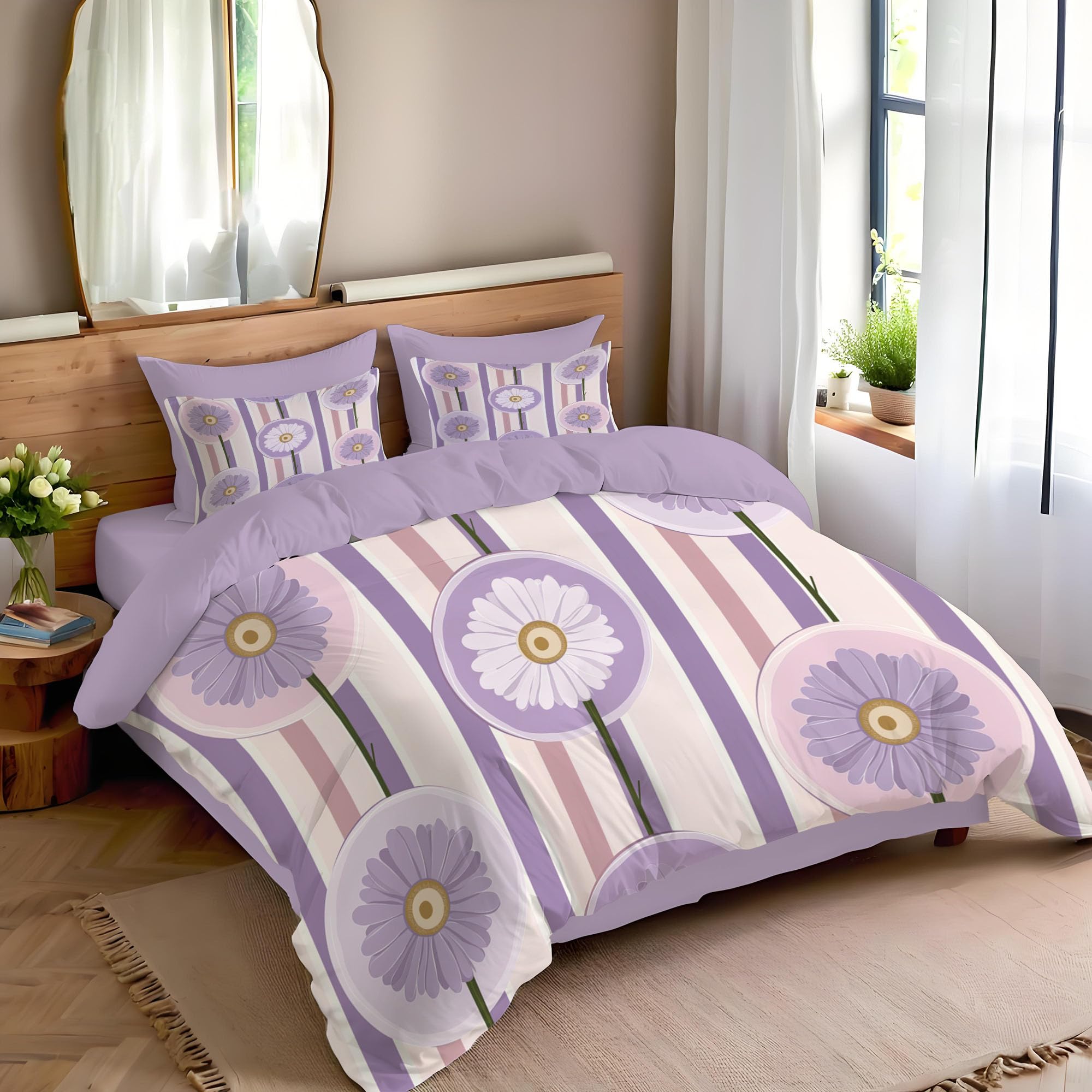 Housse de couette mauve 140x200 parure de lit microfibre marguerite