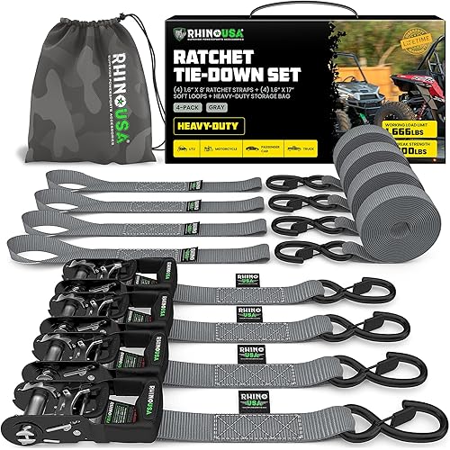 Rhino USA Ratchet Straps Heavy Duty Kit (4-Pack) - 1.6 Inch x 8 Feet (5,208lb Break Strength) - Ultimate Tie Down Straps with Safety S Hooks for Trucks, ATV, UTV, Motorcycle, Cargo & More - Gray