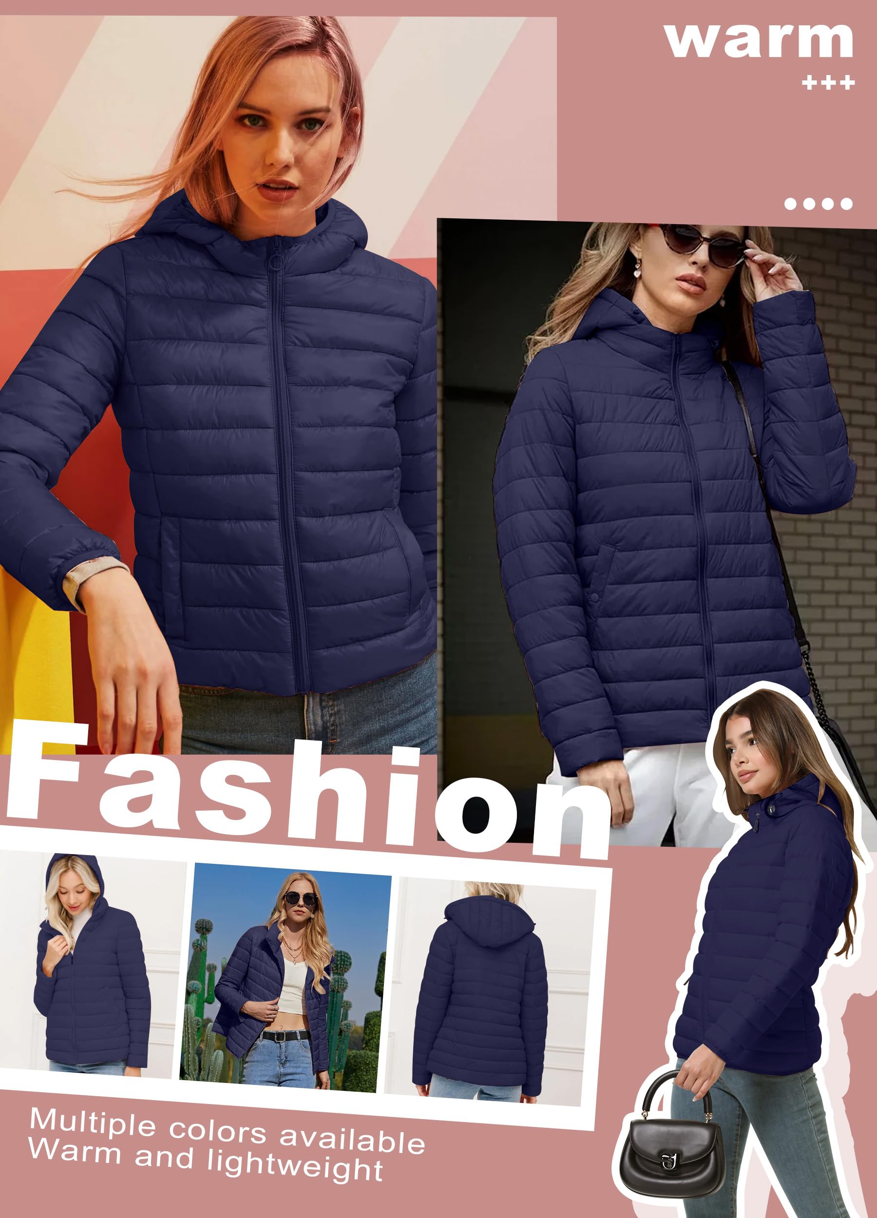 Veste matelassée légère pour femme - Veste rembourrée pliable avec capuche - Veste d'hiver chaude - Légère - Automne et hiver