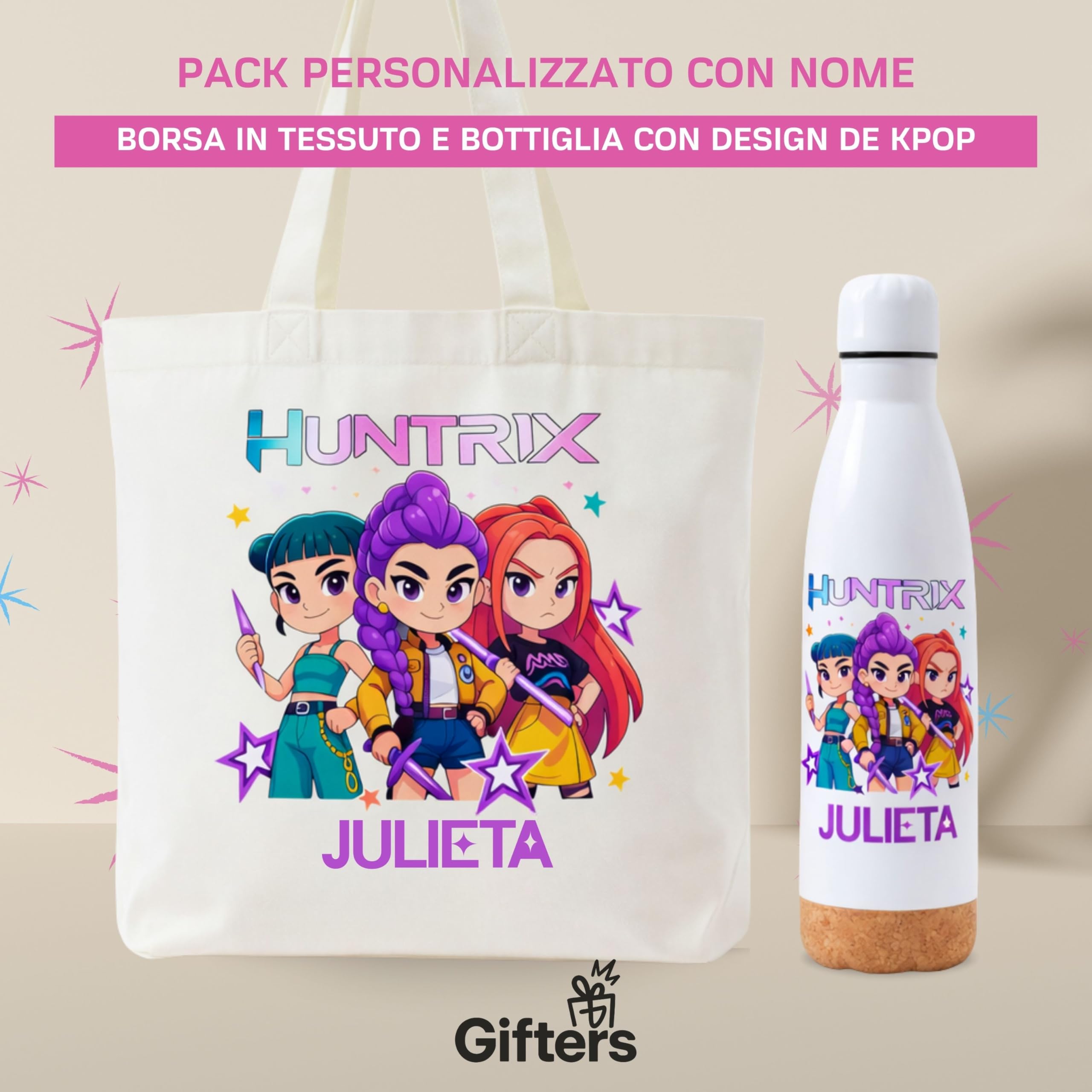 Gifters| Borsa Personalizzata con Nome e Bottiglia in Acciaio Inox 750ml| Design Personaggi Stile Kpop| Tote Bag Cerniera| Confezione Regalo Originale per Ragazza, Compleanno, Natale, Prima Comunione
