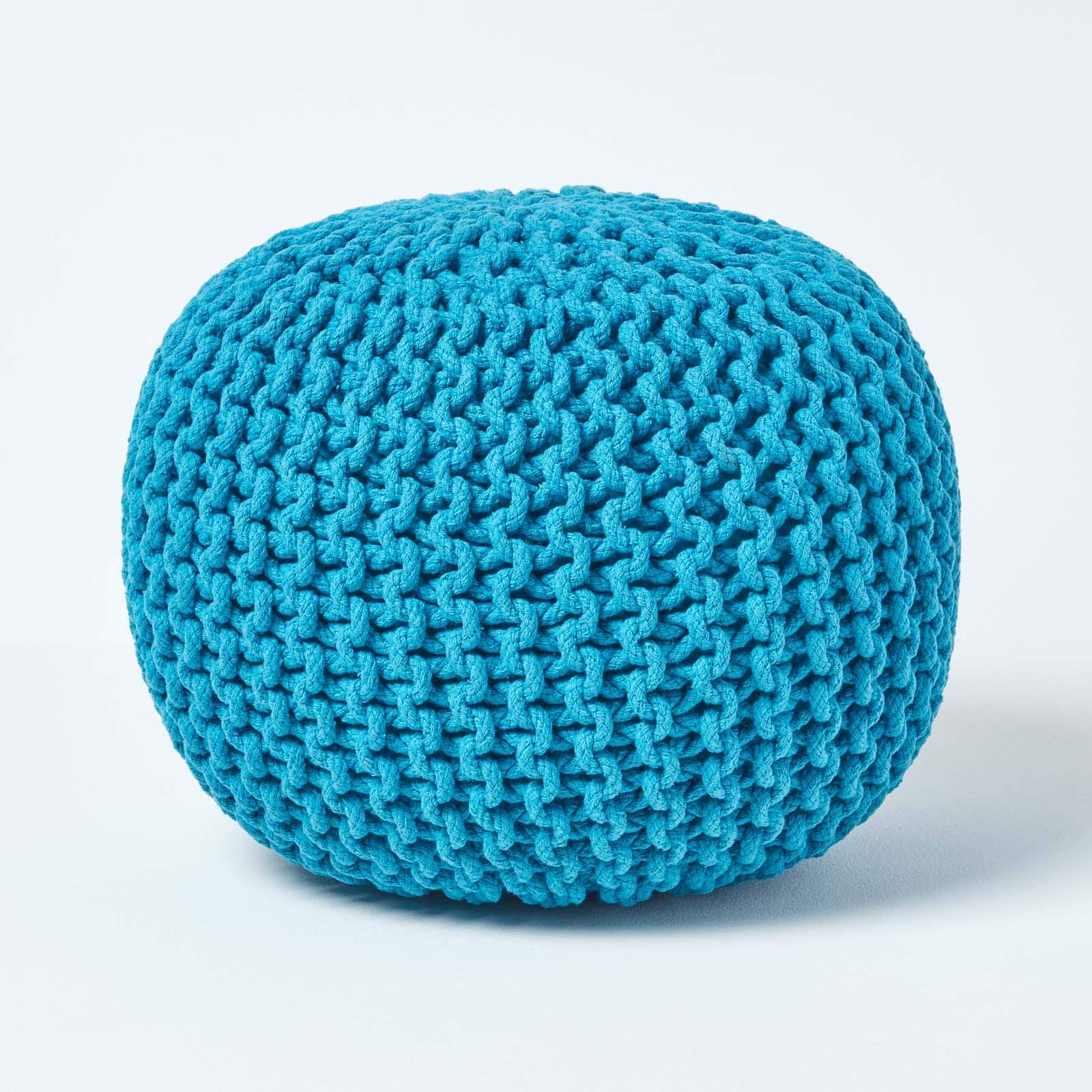 Homescapes Teal Blue Round Cotton Knitted Pouffe Footstool from B&Q