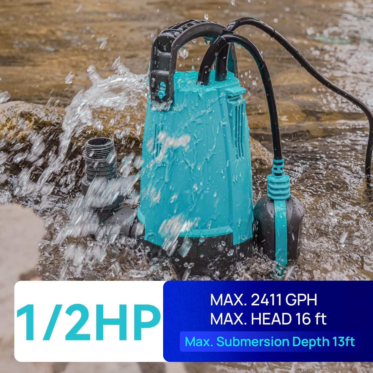 Aquastrong 1/2HP Sump Pump with 3/4'' Garden Hose Adapter, 2411GPH Submersible Clean/Dirty Water Pump with Float Switch, Draining Flooded Basement, Pool, Hot Tub, Pond, Garden Irrigation, 19ft Cord : Patio, Lawn & Garden