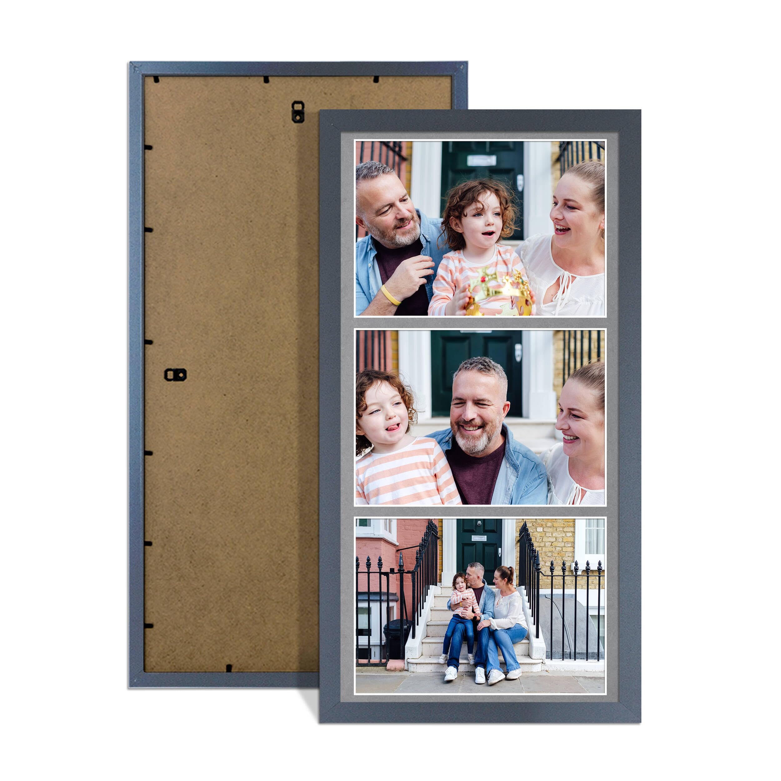 Alison Kingsgate Dark Grey 16x8 Photo frames for multiple pictures- 3 Apertures Collage Frame with Mid Grey Mount - Holds (3x) 7x5 Photos - Engineered Wood & Perspex