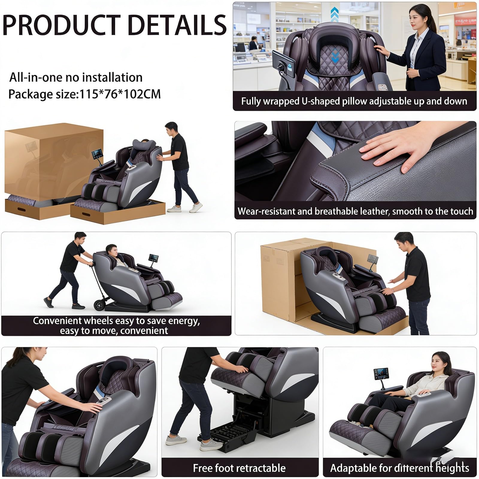 Sillón De Masaje De Gravedad Cero, Movimiento 2D Airbag Y Rodillo para Pies 6 Programas Automáticos Calefacción De Cintura Sillón De Masaje De Lujo para El Hogar(Bianco)