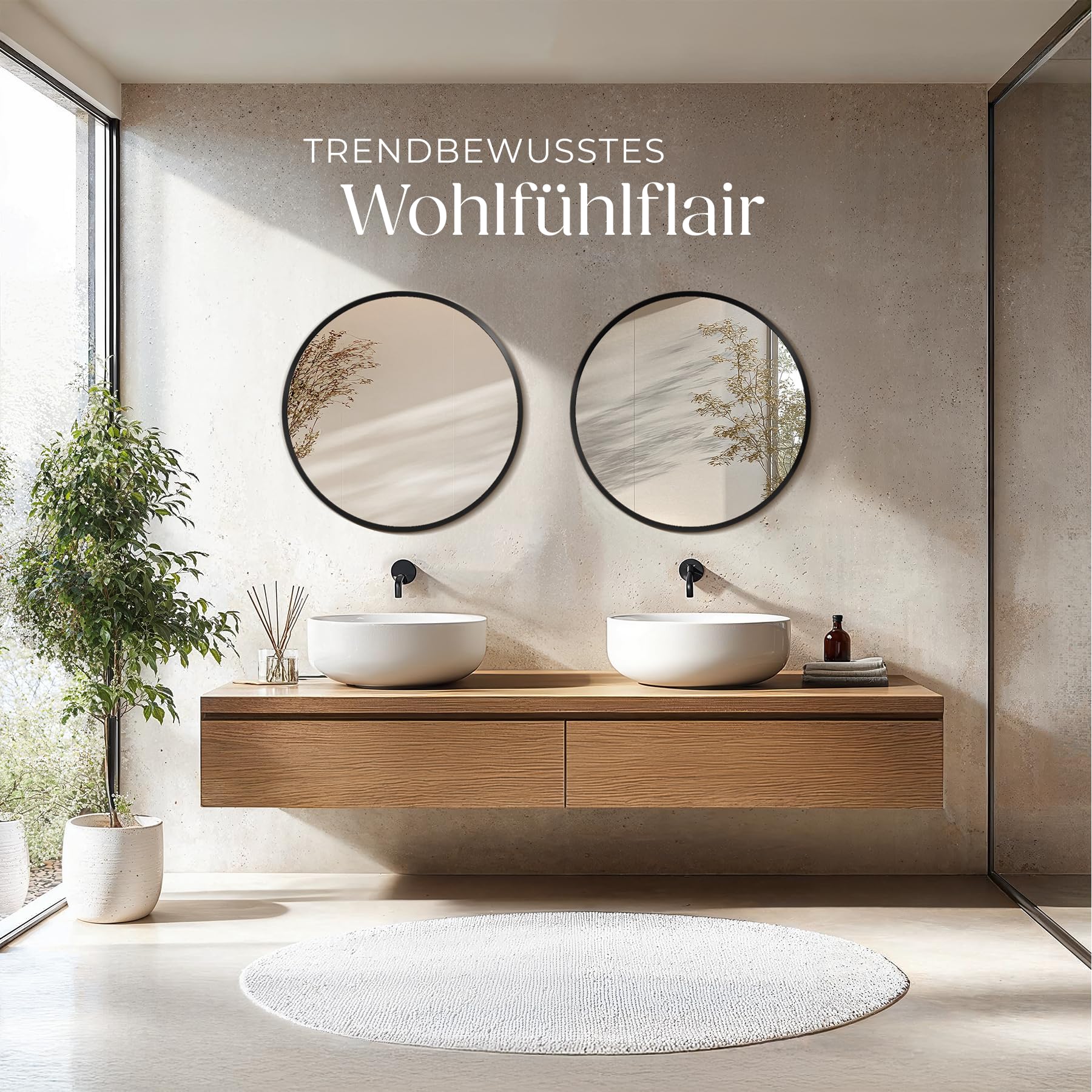 tectake® Spiegel rund schwarz, Wandspiegel modern, Badspiegel, Wanddekoration Wohnzimmer, Boho Deko Schlafzimmer, runder Badezimmerspiegel, Flurspiegel, Gäste WC, Spiegelaufhängung - Ø80 x 2,5 cm