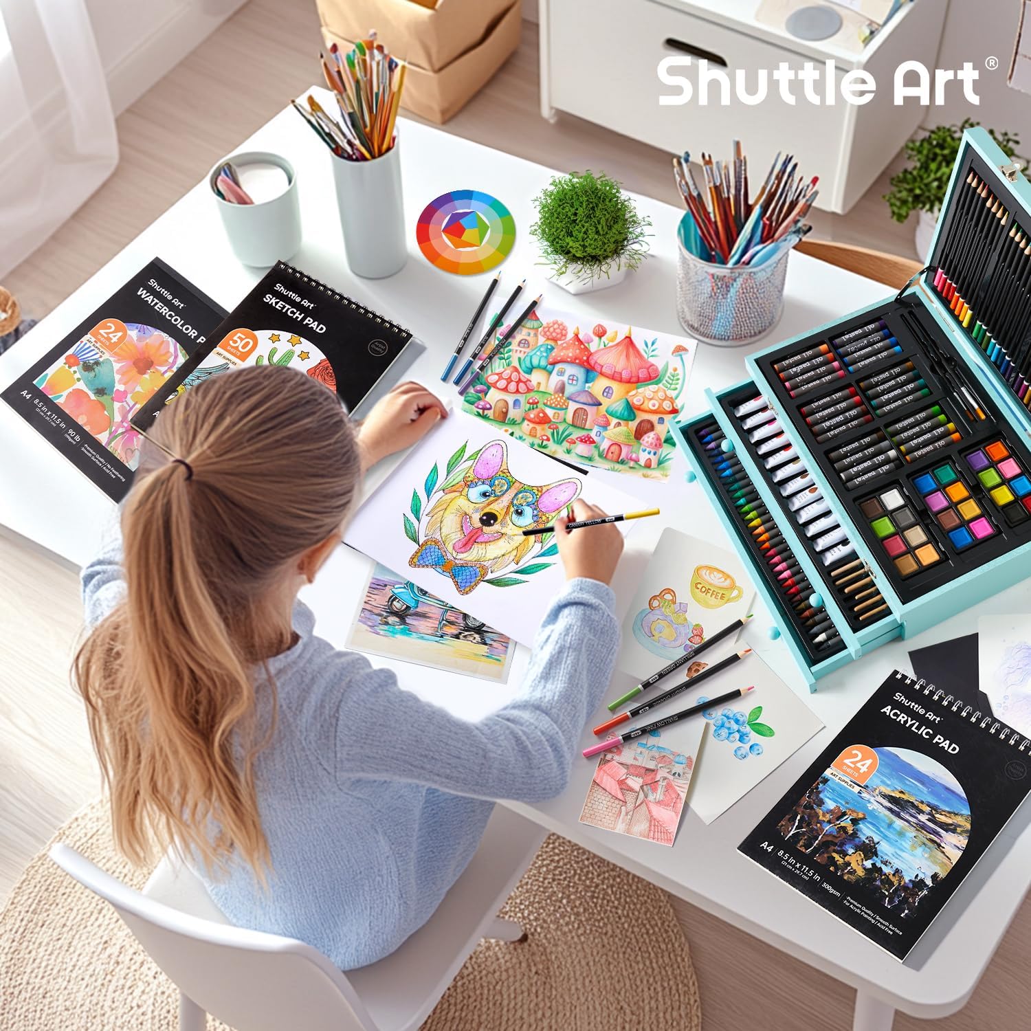 Shuttle Art 202-częściowy zestaw artystyczny dla dzieci, zestaw artystyczny Deluxe z farbami akrylowymi, kredkami, pastelami olejnymi, kredkami, kredkami do kolorowania, farb akwarelowych, drewnianych