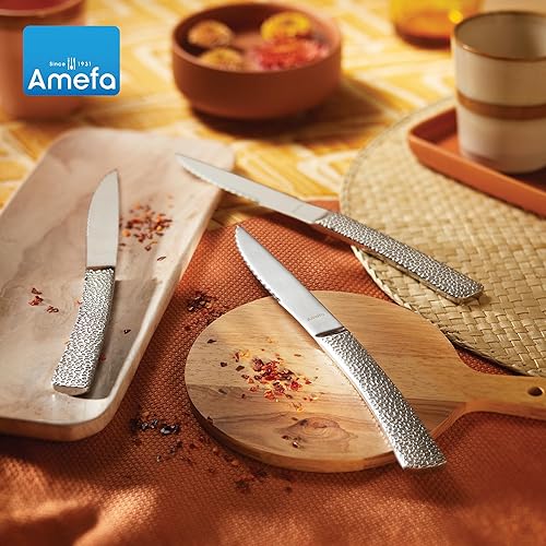 Miniatura 4 de Amefa Bongo - Juego de 6 cuchillos para carne, acero inoxidable endurecido de alta calidad, diseño de mango ergonómico martillado, borde micro