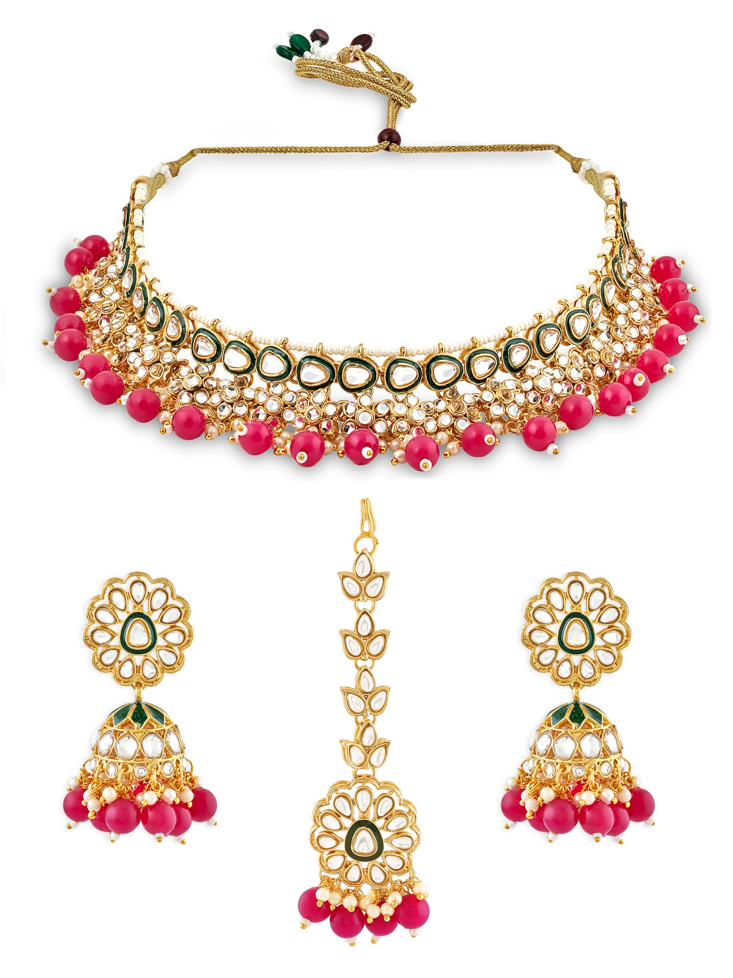 ZAVERI PEARLS Green Meenakari & Rani Pink Beads Drop Kundan Choker Necklace Earring & Maangtikka Set For Women-ZPFK17188 (B0CSSWL6GJ) Amazon Price History, Amazon Price Tracker