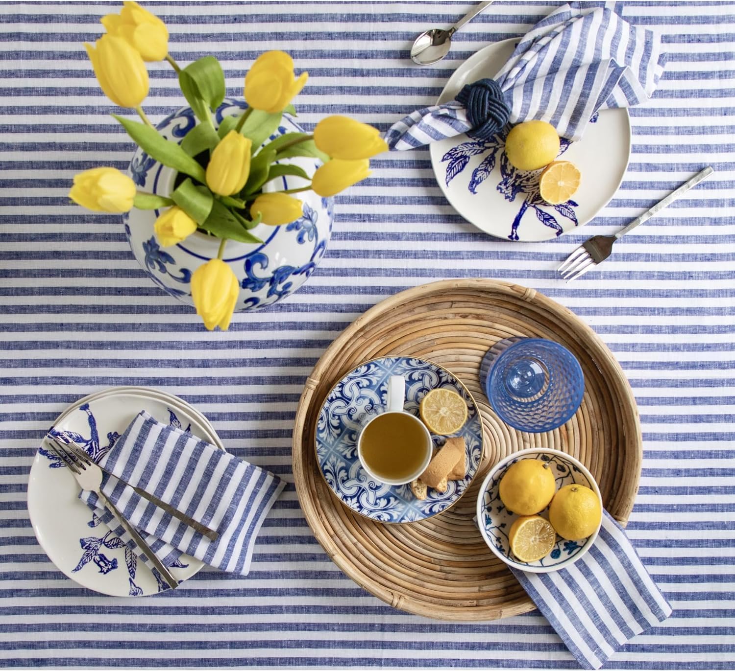 Blue Stripe Cotton Napkins - Set of 4 -6 Blue Stripe Cotton Napkins - Set of 4 -6