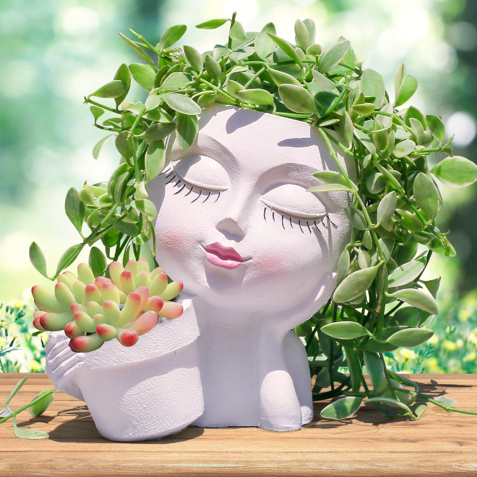 vomiceak Face Planter Pots Head, Planters for Indoor Plants - Double Cute Plant Pots for Flower & Succulent with Drainage Holes - Gift Ideas for Women (White Lady)