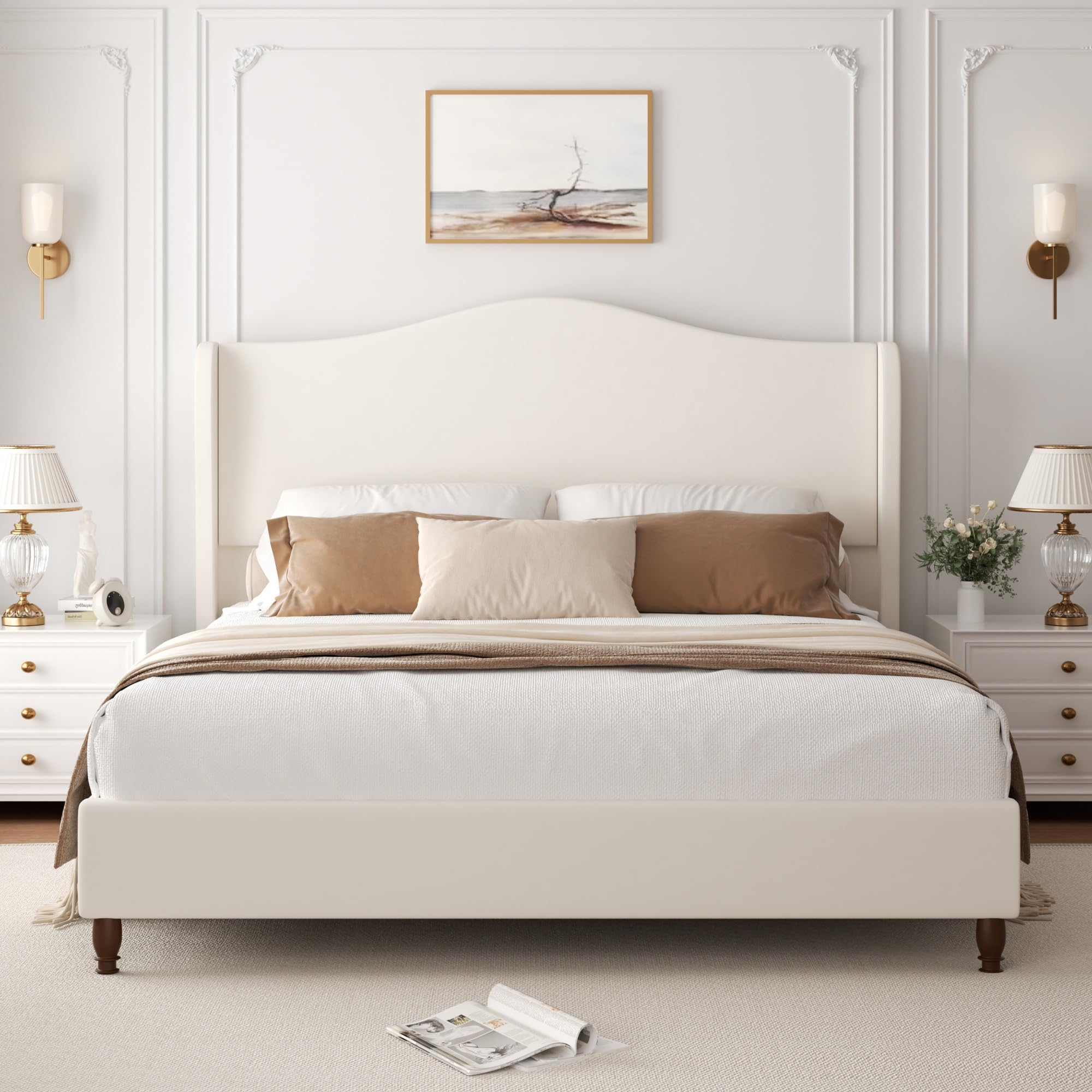 Konprosp Queen Size Bed Frame with 52" Tall Headboard, Chenille Upholstered Platform Bed Frames with Classic Curved Wingback & Retro Wood Legs, No Box