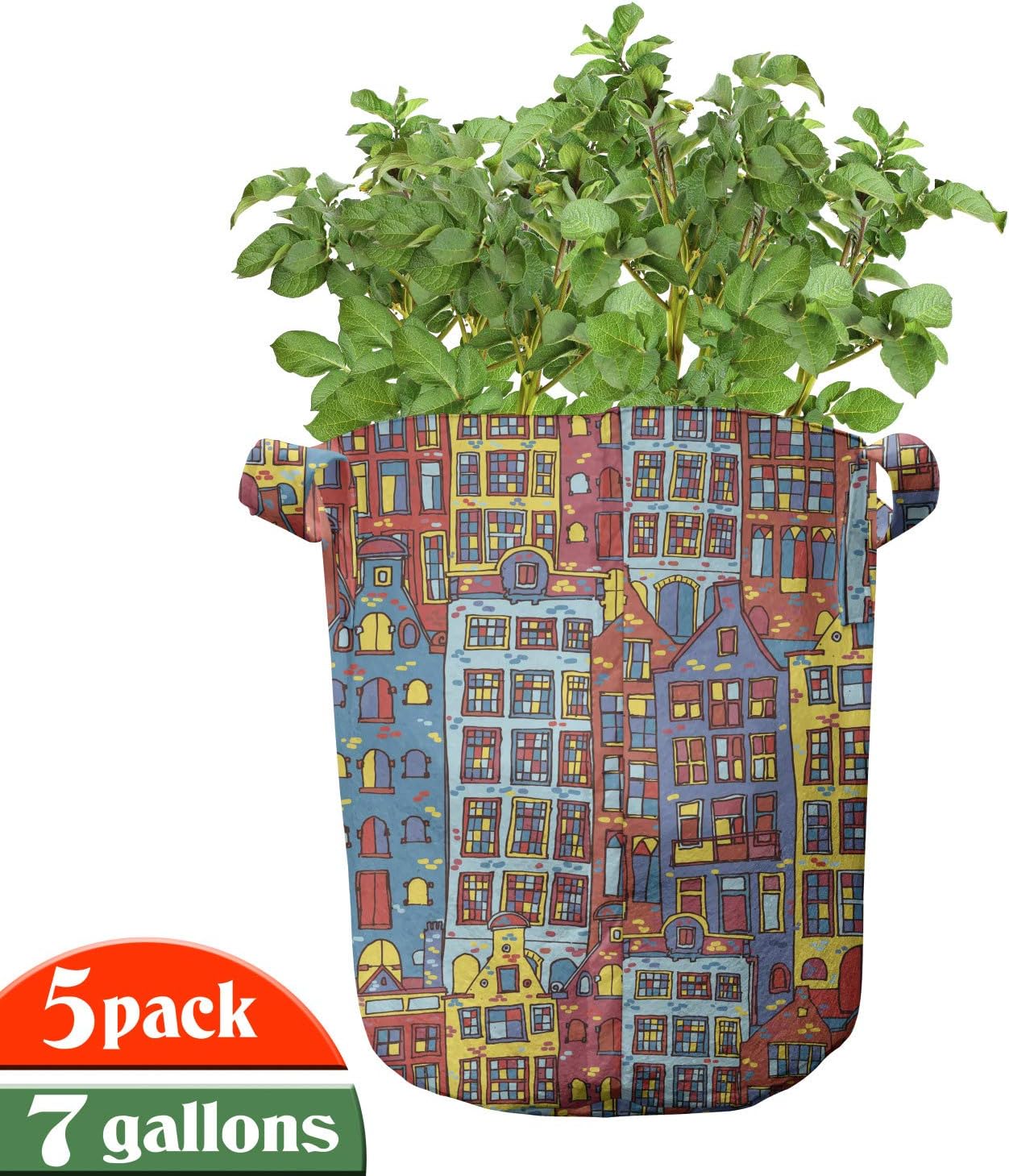 Ambesonne Cartoon Grow Bags 5-Pack, Sketch Amsterdam, Heavyduty Fabric Pots with Handles for Plants, 7 Gallon, Multicolor