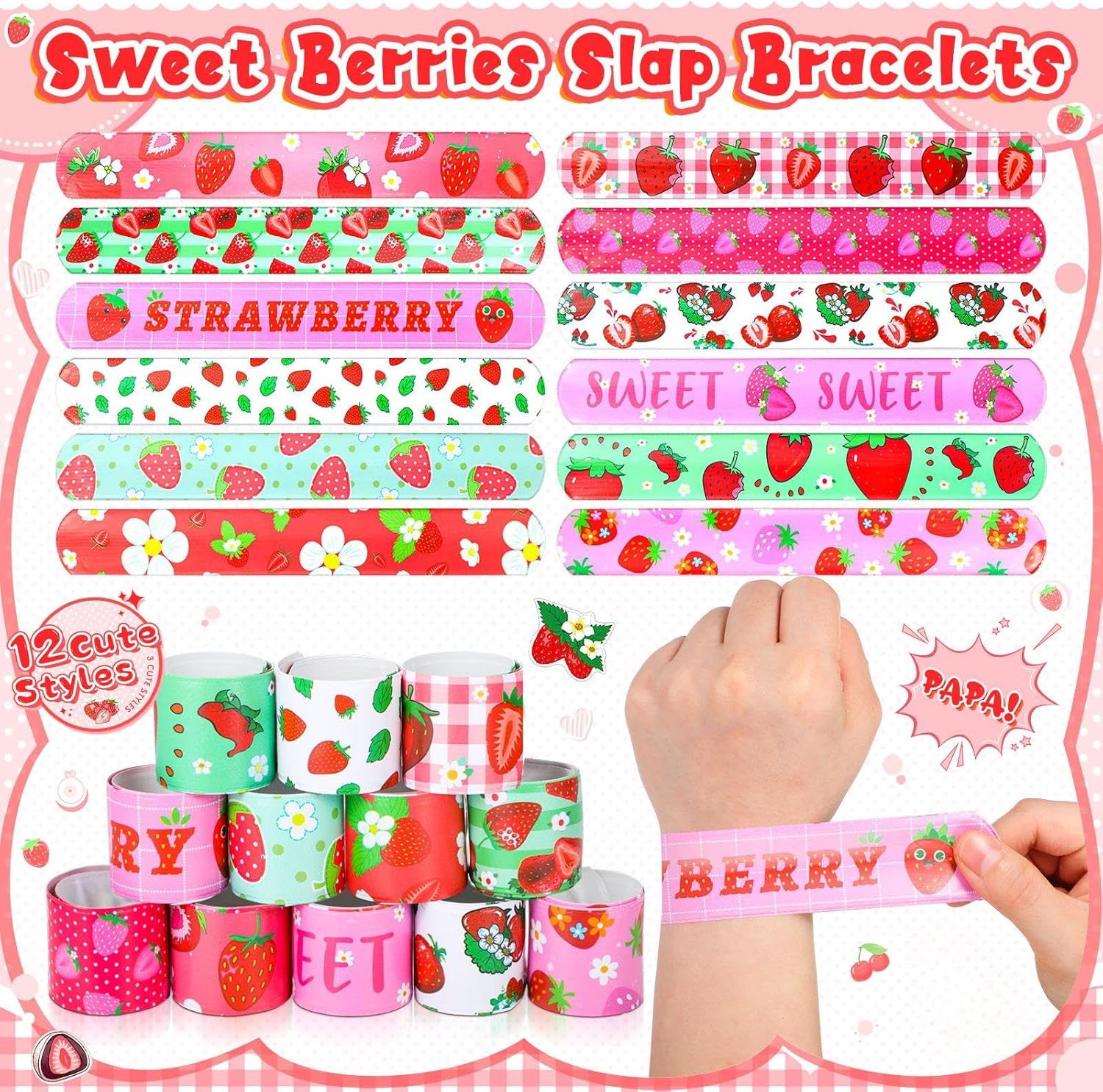 Landical 98 Pieces Strawberry Party Favors Include Sweet Berries Slap Bracelets Stickers Keychains for Berry Birthday Party Supplies Fruit Goodie Bag Fillers Summer Gift Rewards
