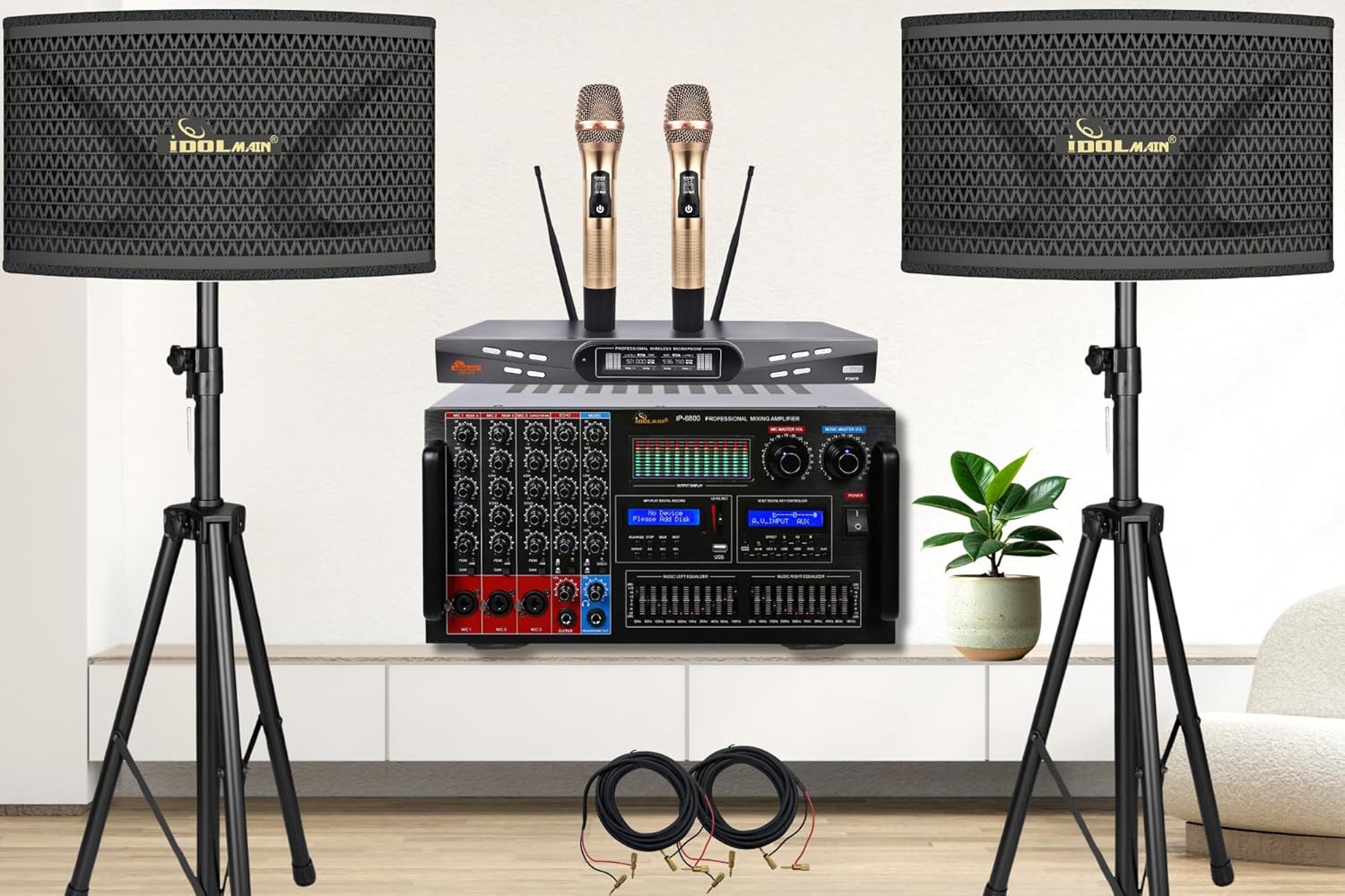 Super Bass Home Karaoke Package 8000W Mixing Amplifier with Optical/HDMI/Recording/USB/Equalizer Built-in Plus 12" Speakers and Dual High Tech Wireless Microphone