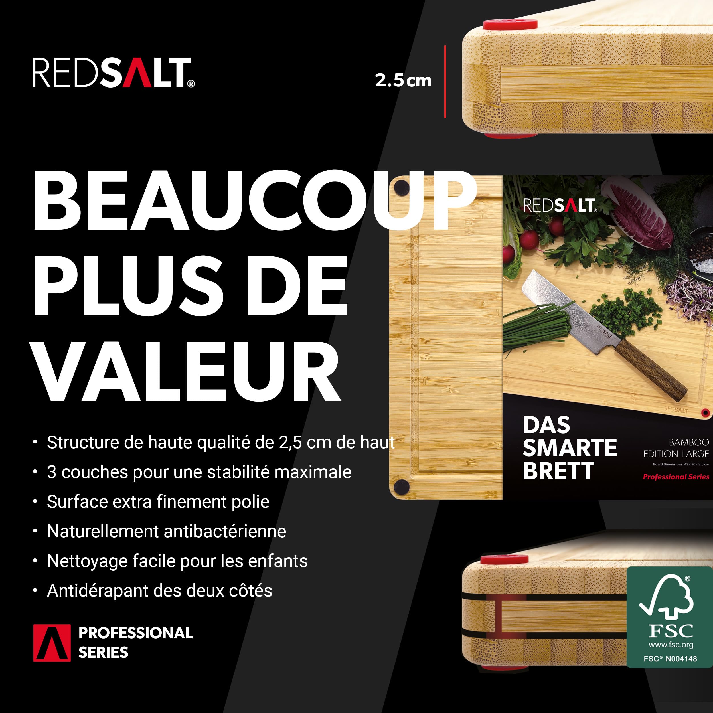 REDSALT Planche à découper innovante en bois de bambou XL 50 × 36 × 2,5 cm | Antidérapante, double face, antibactérienne, rainure profonde pour jus | Grande planche en bois de qualité supérieure pour