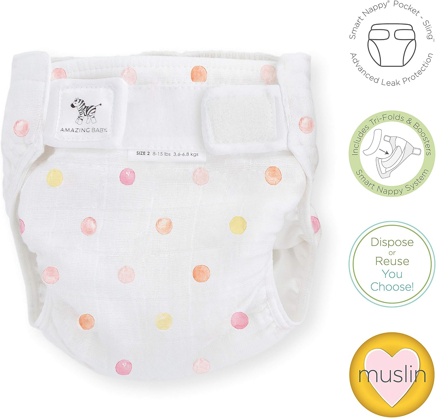 Amazing Baby Hybrid Cloth Diaper Cover with Pocket-Sling, Small, Sz 2 (8-15 lbs), Use with Boosties Inserts, Pink Watercolor Dots, SmartNappy Set includes Muslin Cover + Tri-fold Insert + Booster Pad