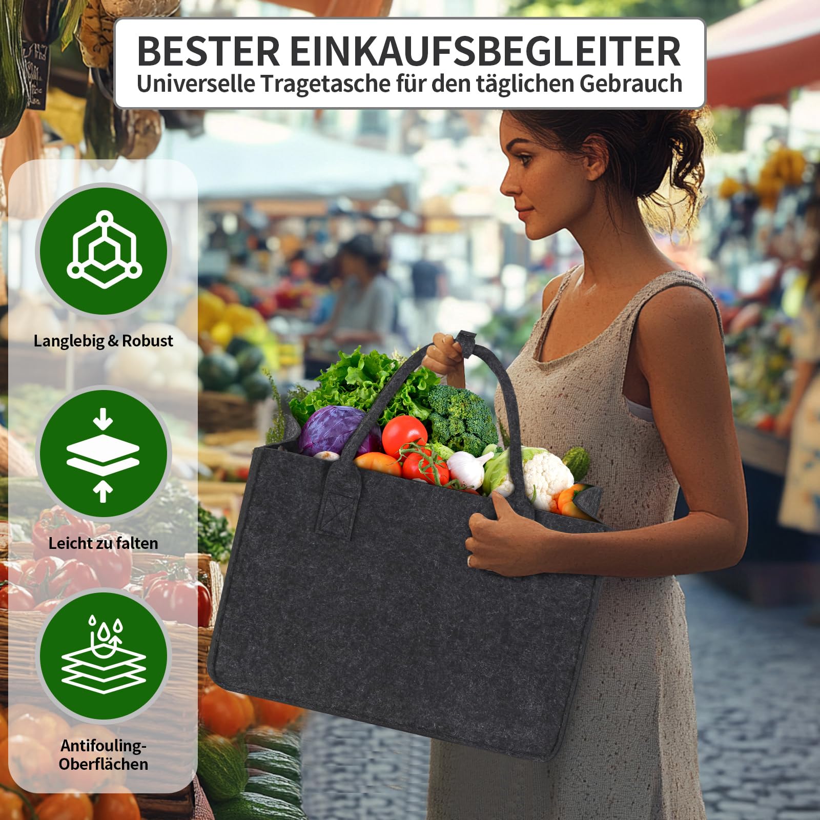 2 Stück 30L Filztasche Einkaufstasche, 40x27x27 cm Filztaschen Shopper mit Innentasche Einkaufskorb Faltbar Groß Tragetasche Filz Einkaufskörbe Stabile Henkel mit Verschluss, Dunkelgrau
