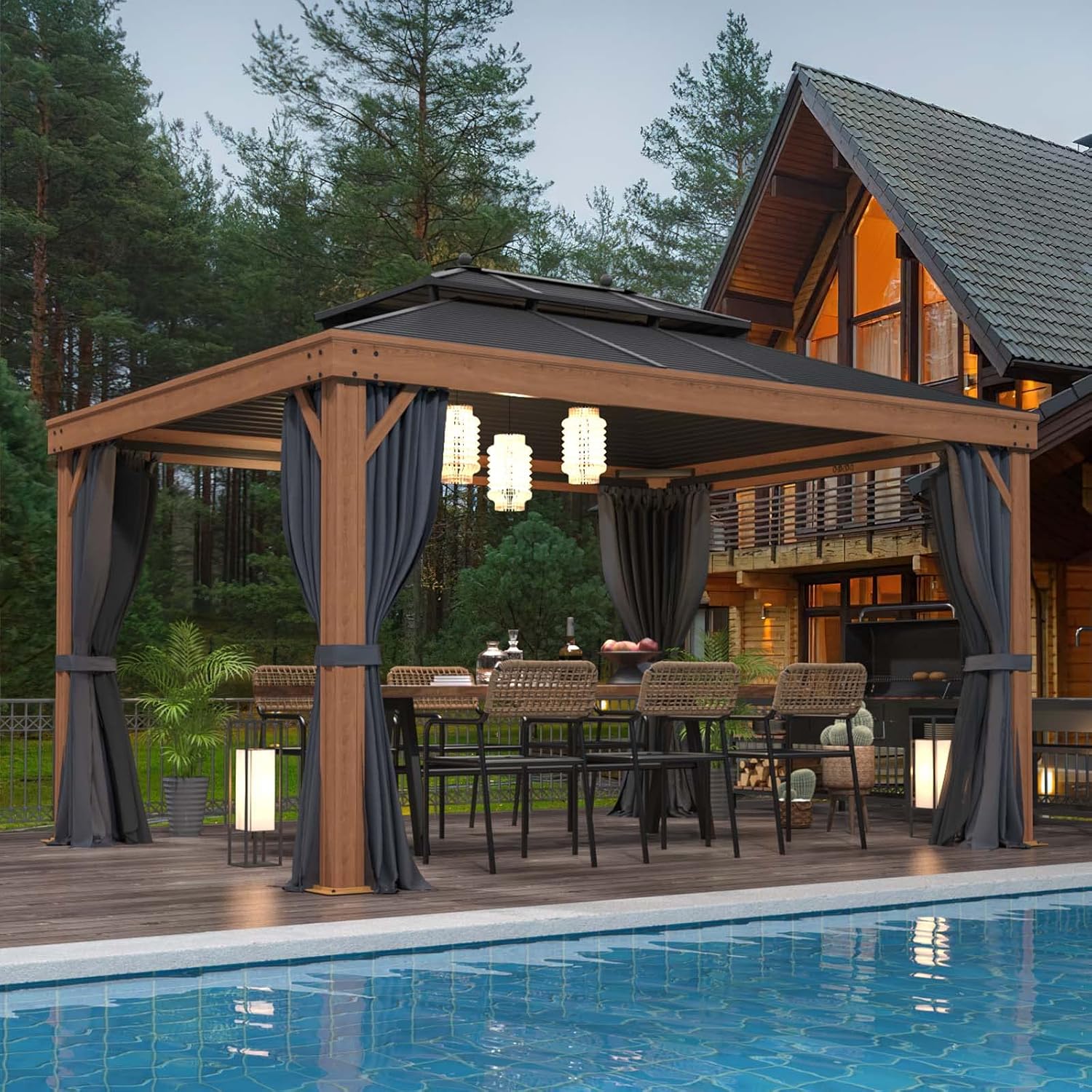 EROMMY 10' x 13' Hardtop Gazebo Outdoor Aluminum Wood Grain - B0BYJJ3332