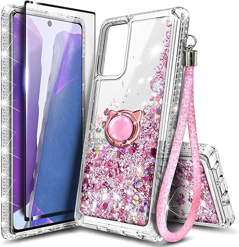 NZND Case for Samsung Galaxy S20 FE 5G with Tempered Glass Screen Protector (Full Coverage), Ring HolderWrist Strap, Sparkle Glitter Flowing Liquid