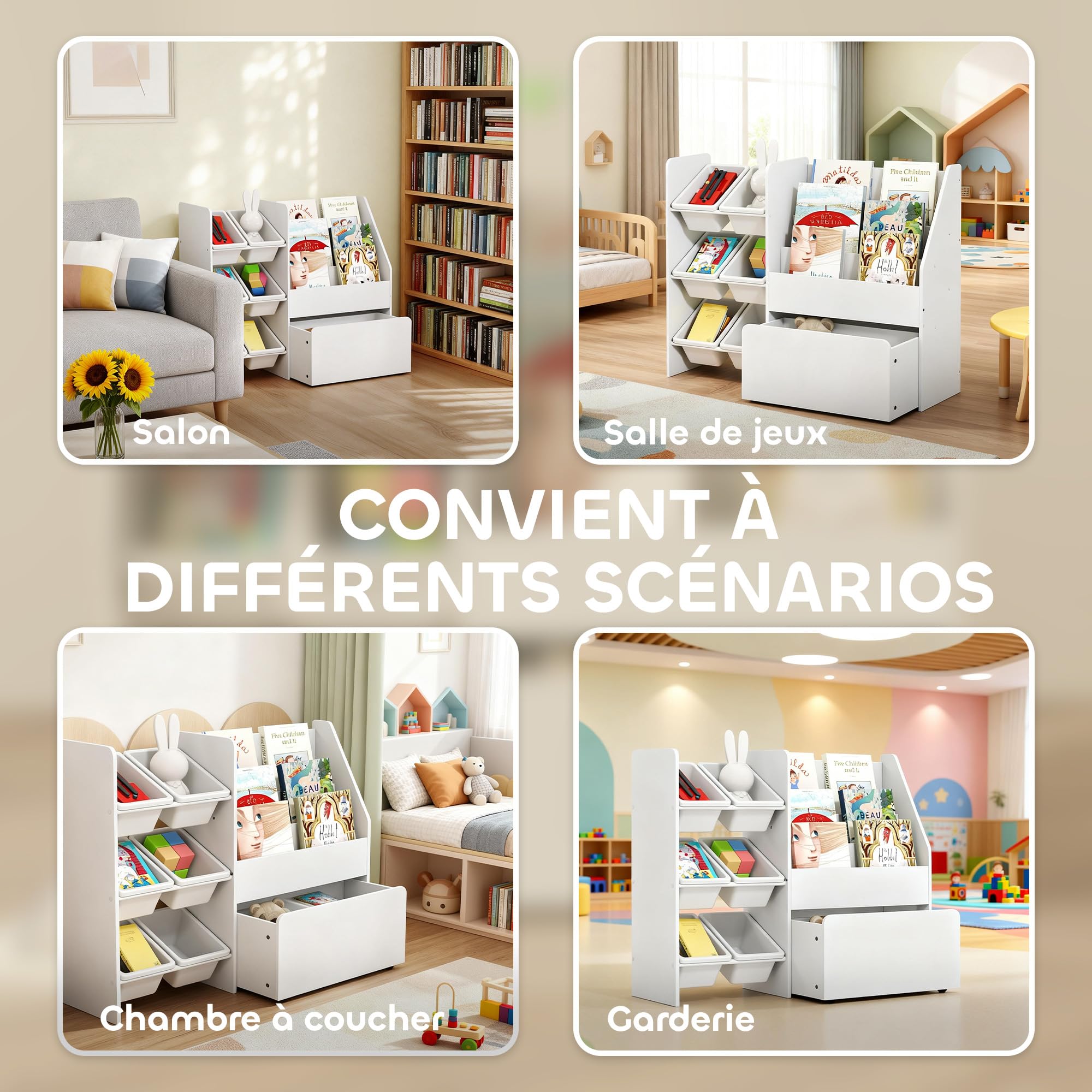 AIYAPLAY Meuble Rangement Enfant, Rangement Jouet Enfant, 6 bacs Amovibles et Grand Coffre à roulettes, bibliothèque à 3 Niveaux pour Chambre ou Salle de Jeux, Blanc