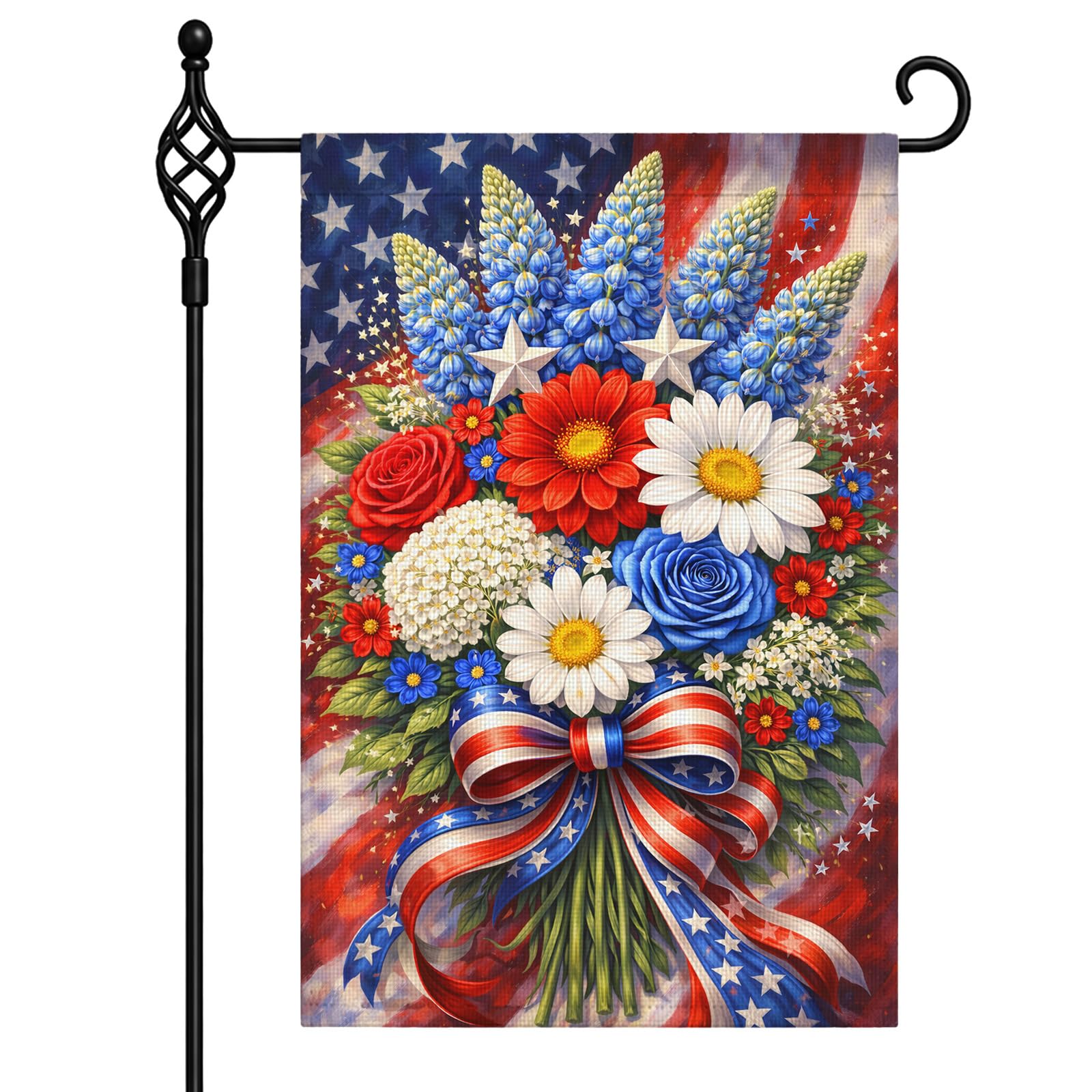 Patriotic Red, White & Blue Floral Garden Flag 4th of July Welcome Flag for Memorial Day, Spring & Summer Outdoor Yard Decoration 12x18 Inch Double-Sided